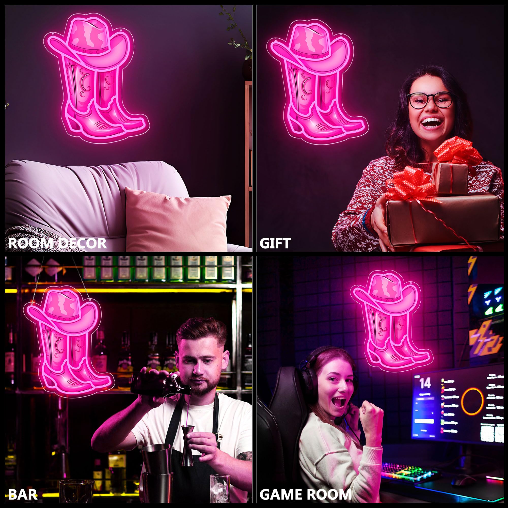 ZLOOREE Neon Cowboy Boot Sign - Pink LED Wall Decor, 13.5 x 11 Inches, Silicone Material, Perfect for Game Room, Bedroom, Party, or Gifts