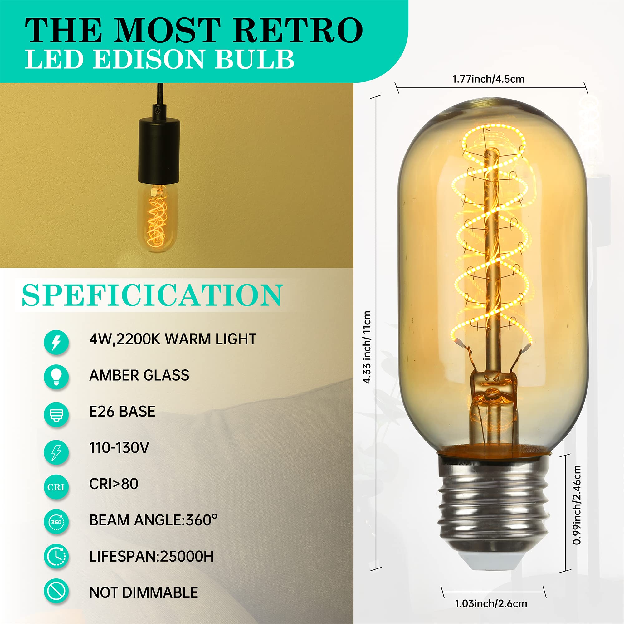 Amdtu Edison Bulbs 25 Watt E26 Base, Super Thin Spiral Filament Non-Dimmable, 25W Tubular Incandescent Light Bulb Replacement So