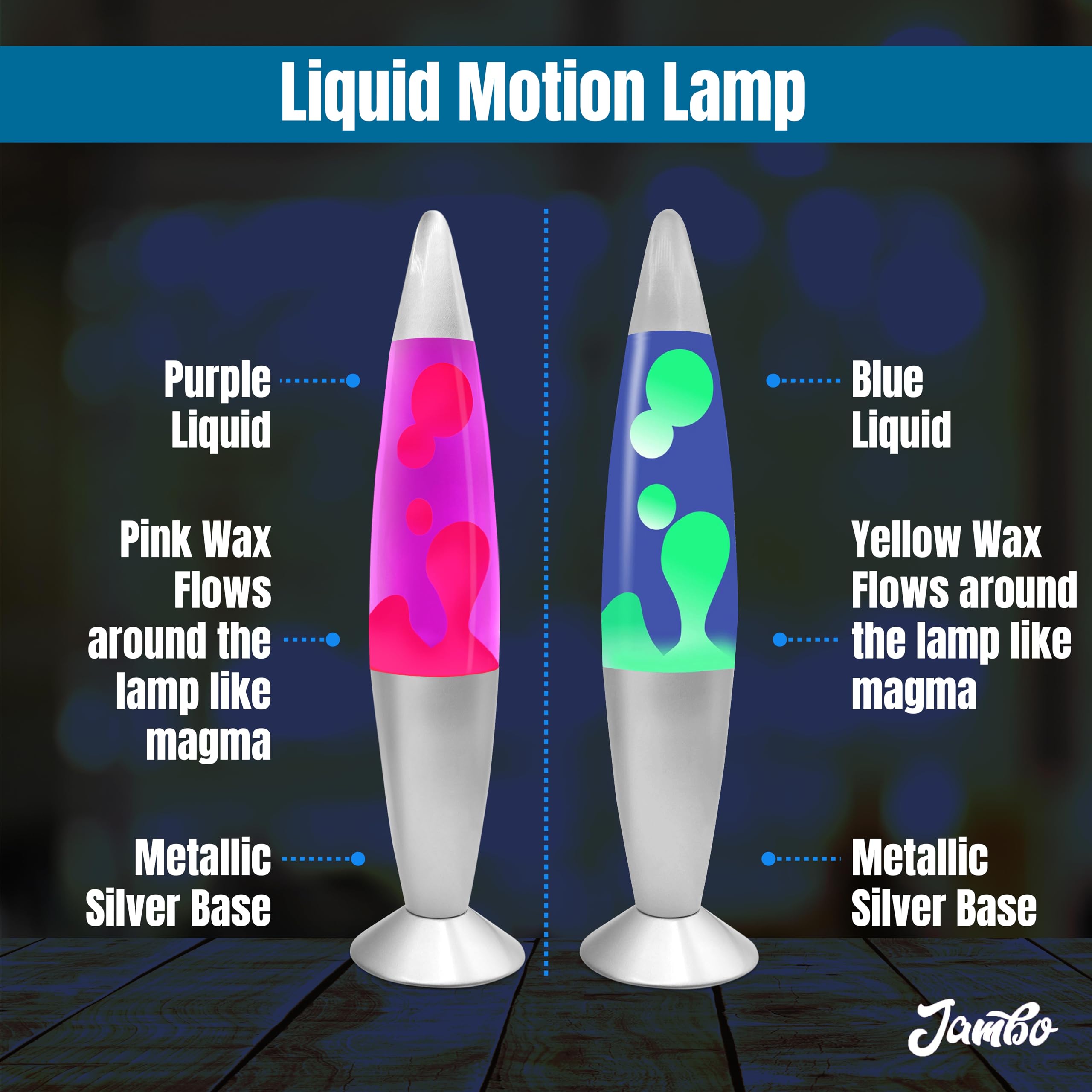 Jambo Liquid Motion Lamp - 16in Double Pack, Glass, Silver Base, Blue & Yellow Wax, Purple & Pink Wax