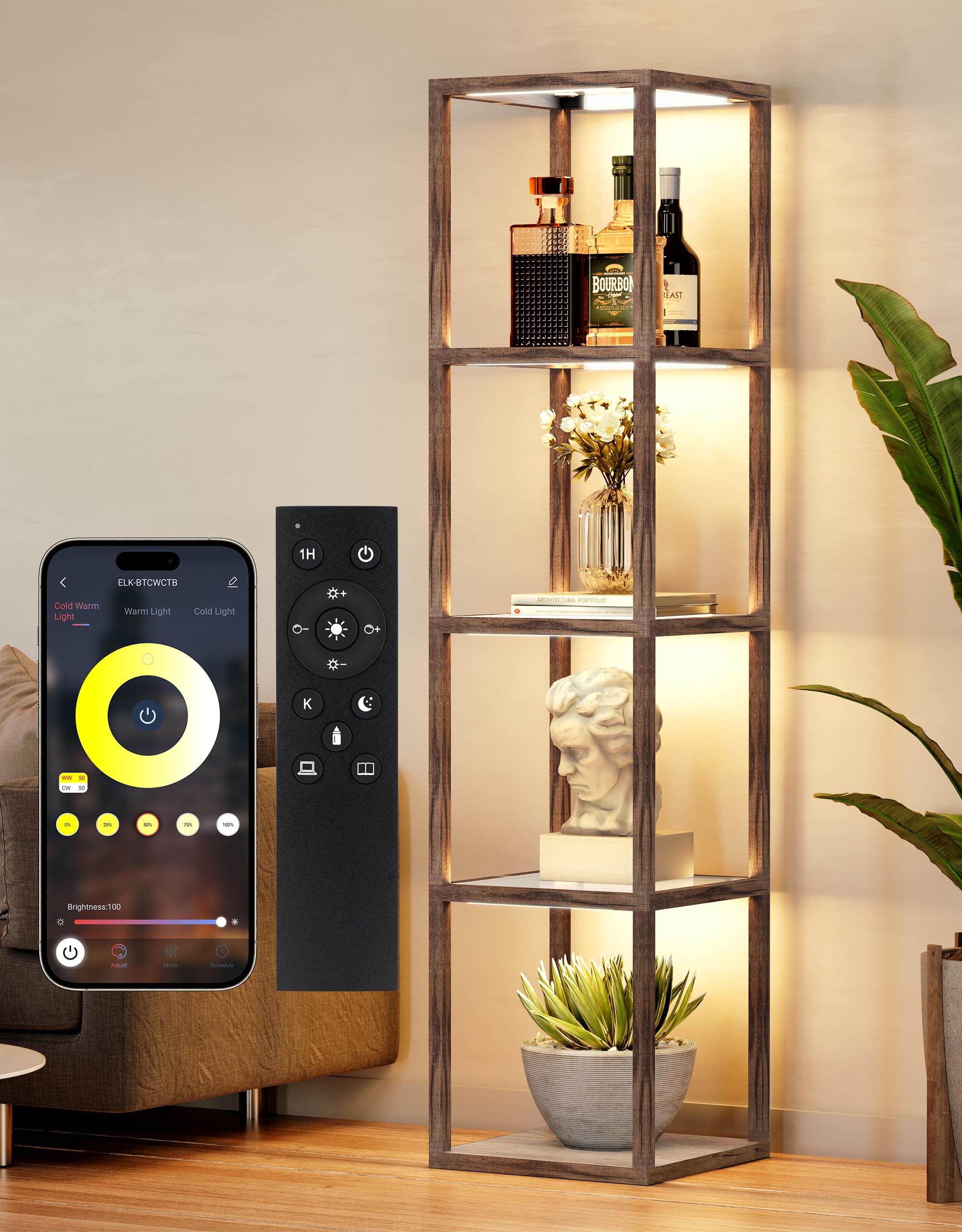 PARTPHONER Floor Lamp with Glass Display Shelf, Dimmable LED, Remote/App Control, Oak Gray, Model PAFP088AH1