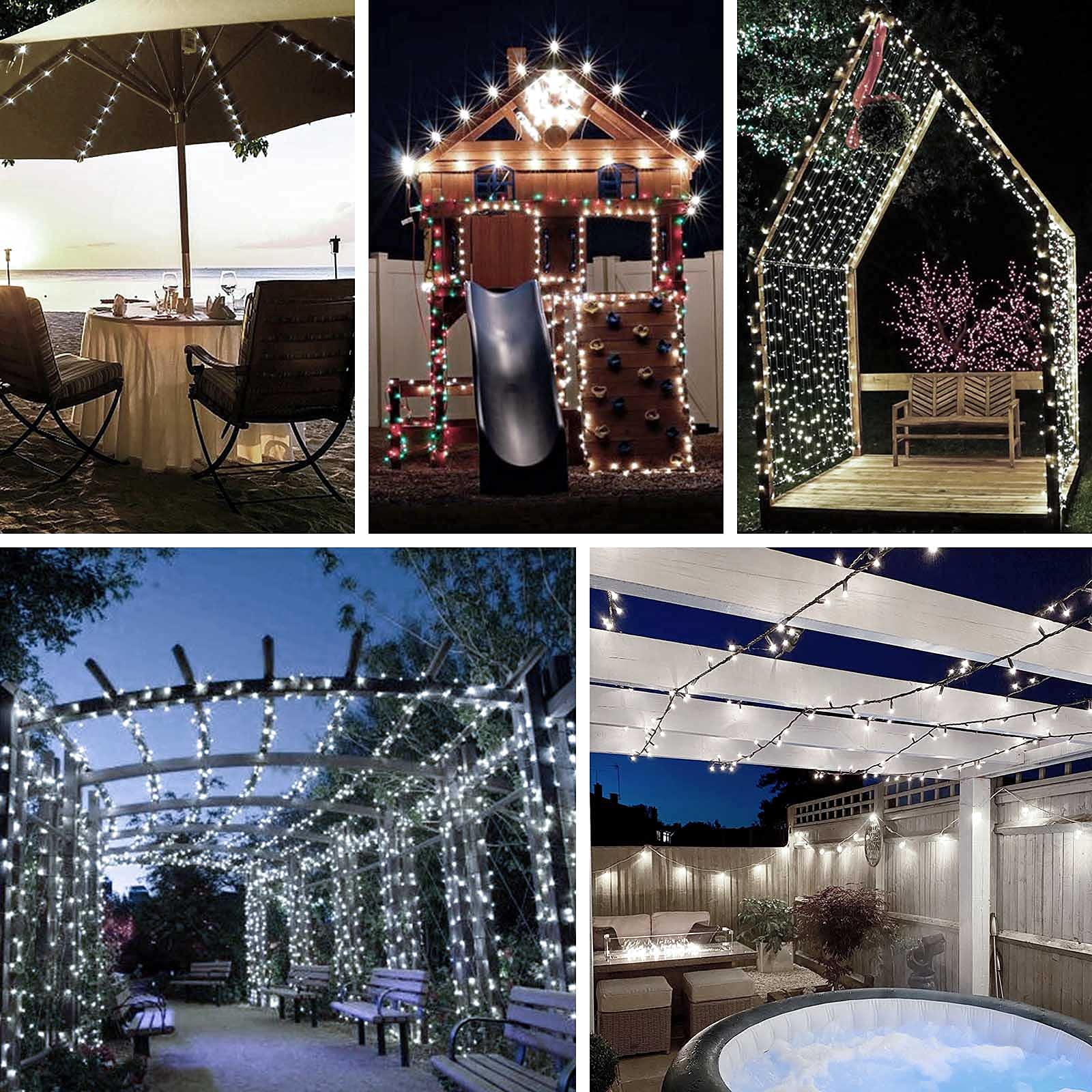 SANJICHA 2-Pack 66FT 200 LED White Christmas String Lights, 8 Modes, Indoor Outdoor, Green Wire, Cool White