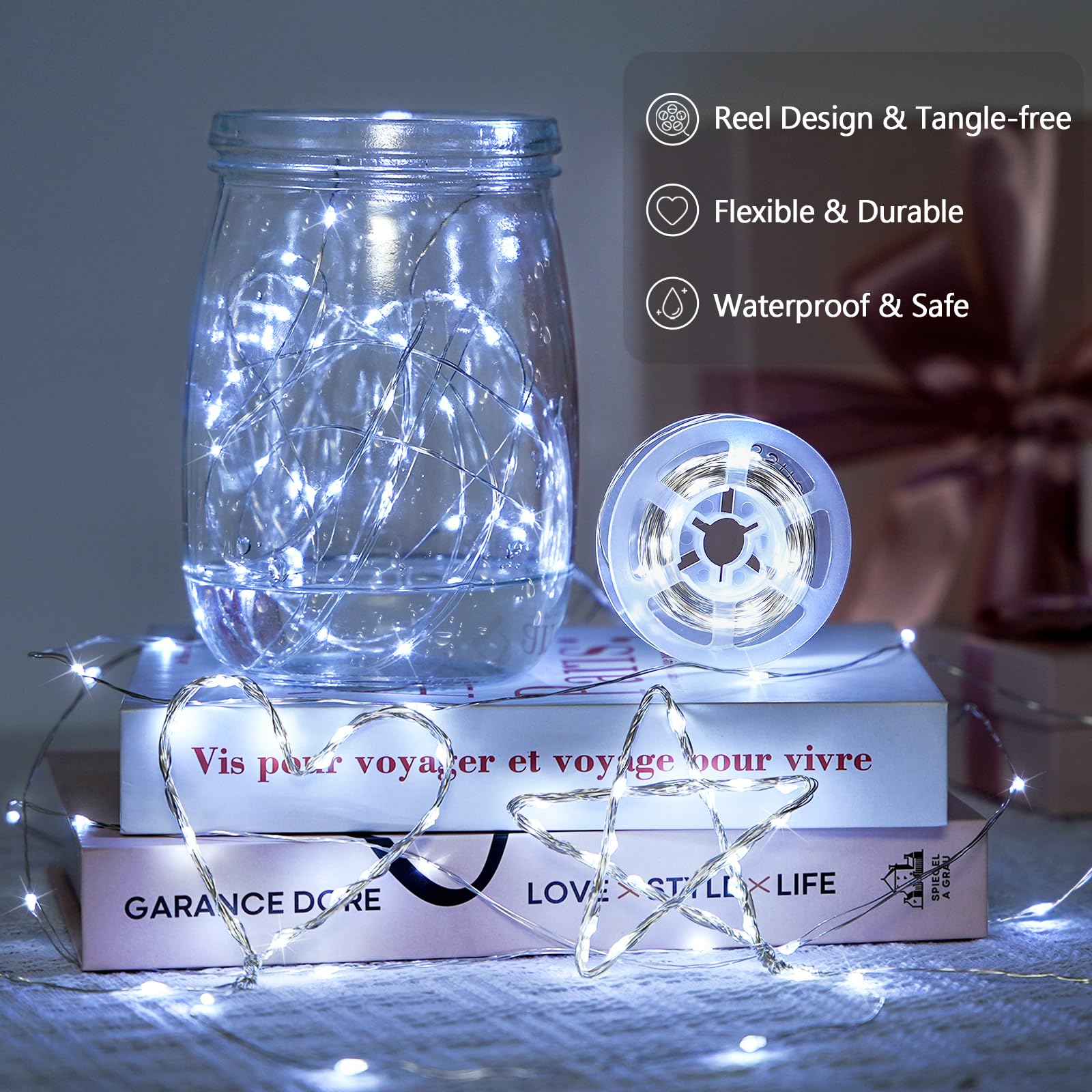 JMEXSUSS Solar String Lights, 33ft 100 LED, Waterproof, 8 Modes, Copper Wire, 2 Pack, White