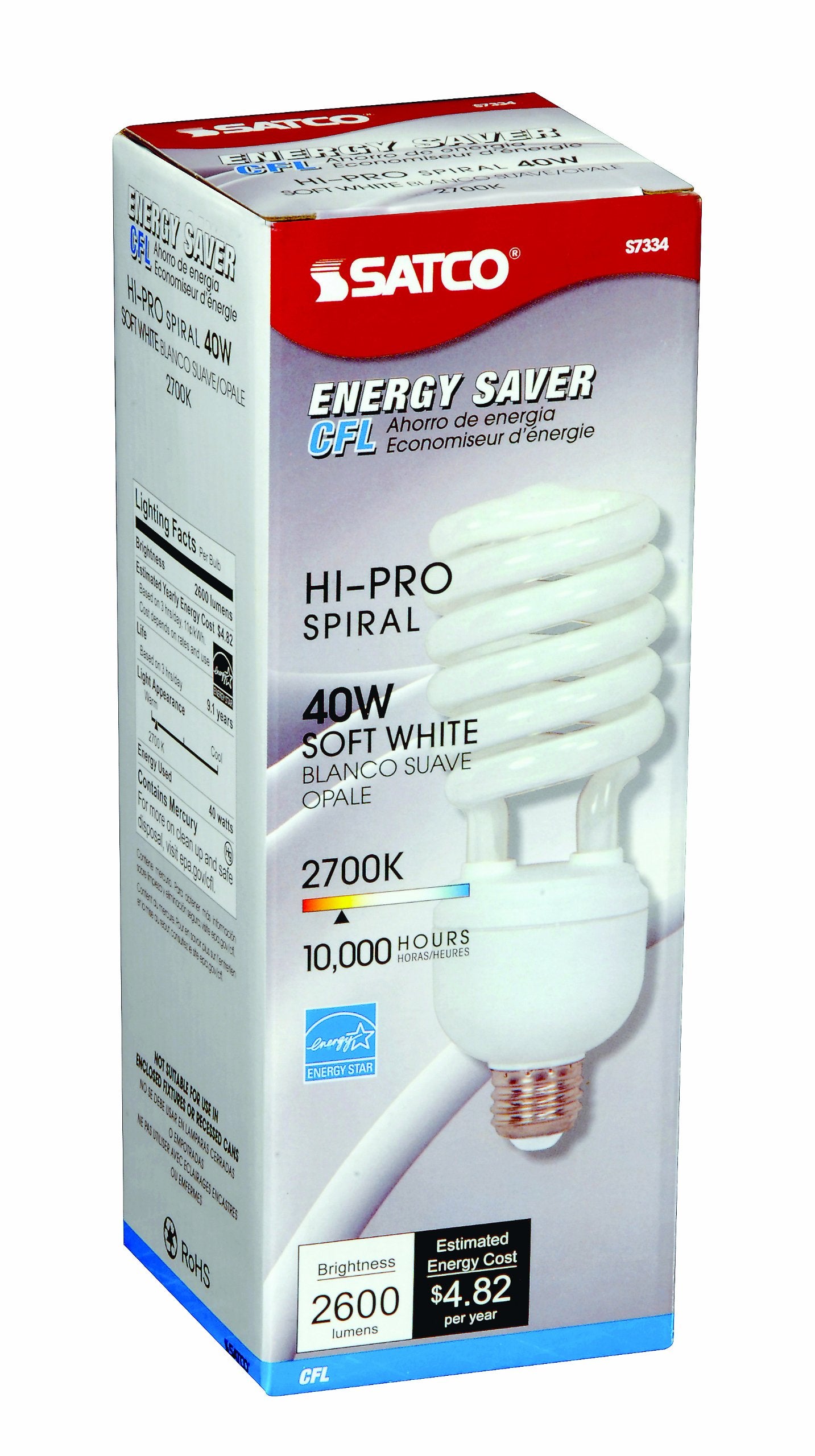 Satco S7334 Hi-Pro Spiral CFL Light Bulb, 40 Watt (150 Watt), 2600 Lumens, Soft White 2700K, Medium Base, Glass