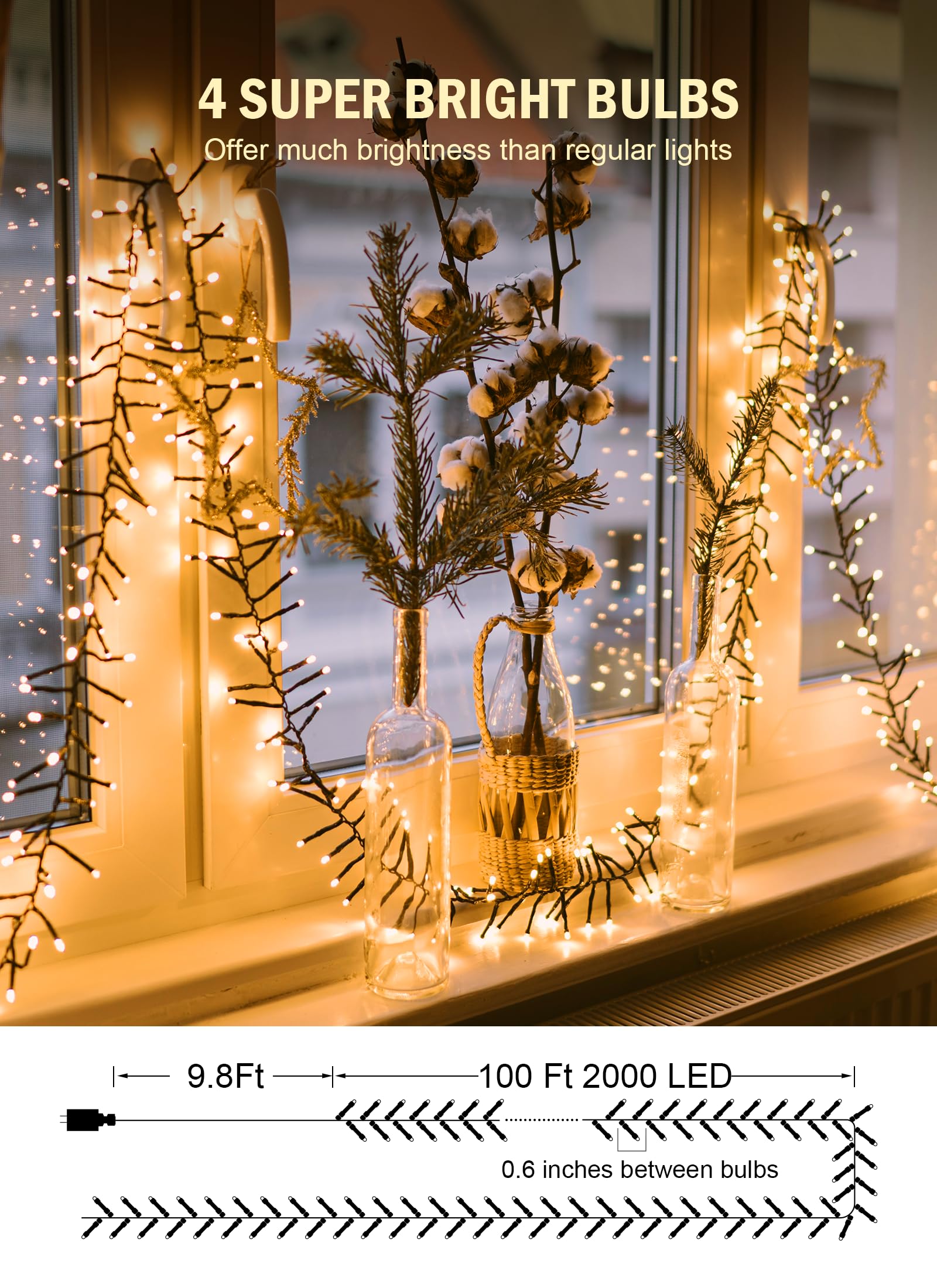 Brightown Christmas Tree Lights Outdoor Cluster Lights - 2000 Led 100 Ft Christmas Firecrackers String Lights, 12 Modes Timer Remote Waterproof Plug In Twinkle Fairy Lights For Xmas Tree Garland Party
