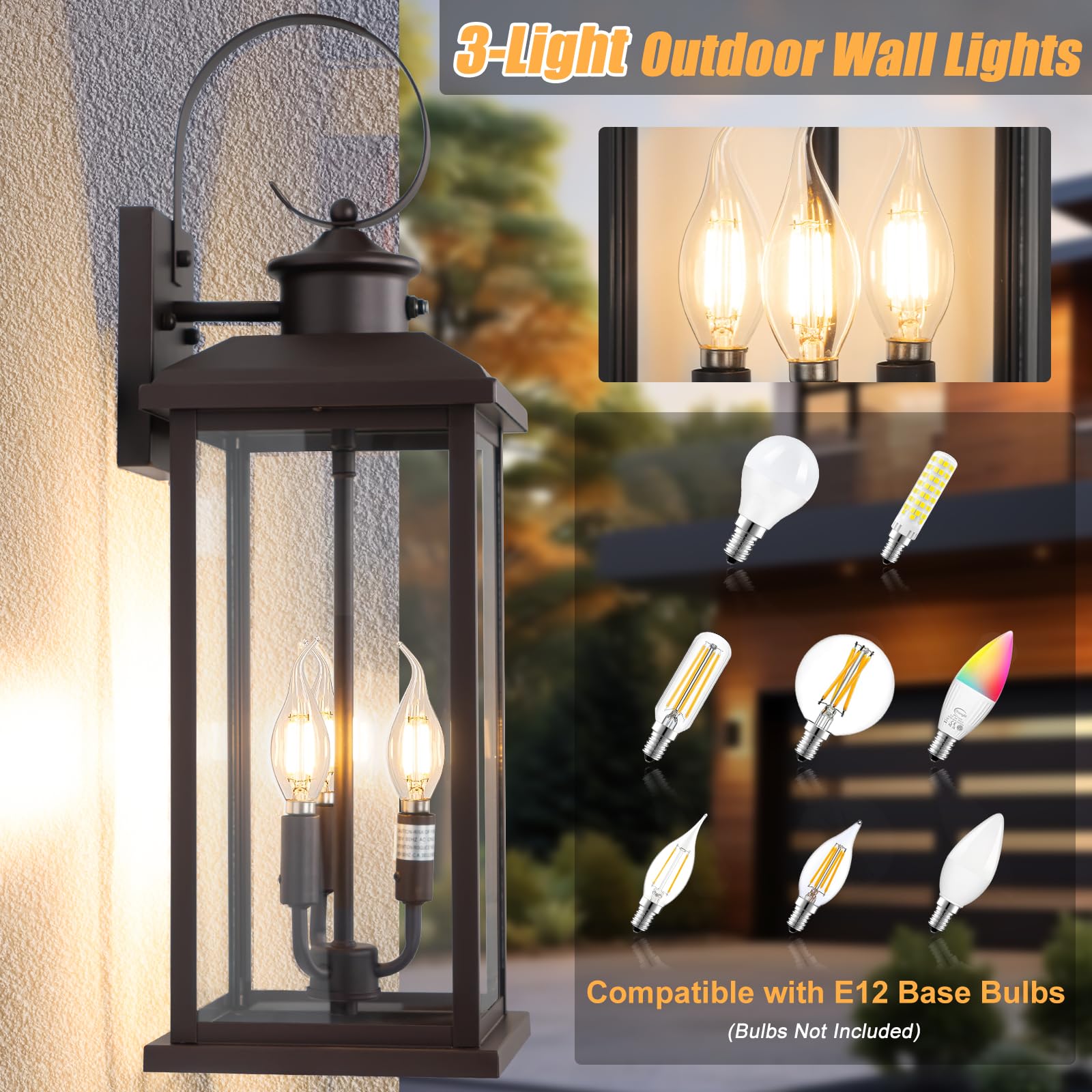 Siafavoi 24 Dusk To Dawn Outdoor Wall Sconce: Bronze Large Porch Light 3-Light Waterproof Modern Exterior Lighting Fixture Wall Mounted  Outside Lamp For House Garage E12