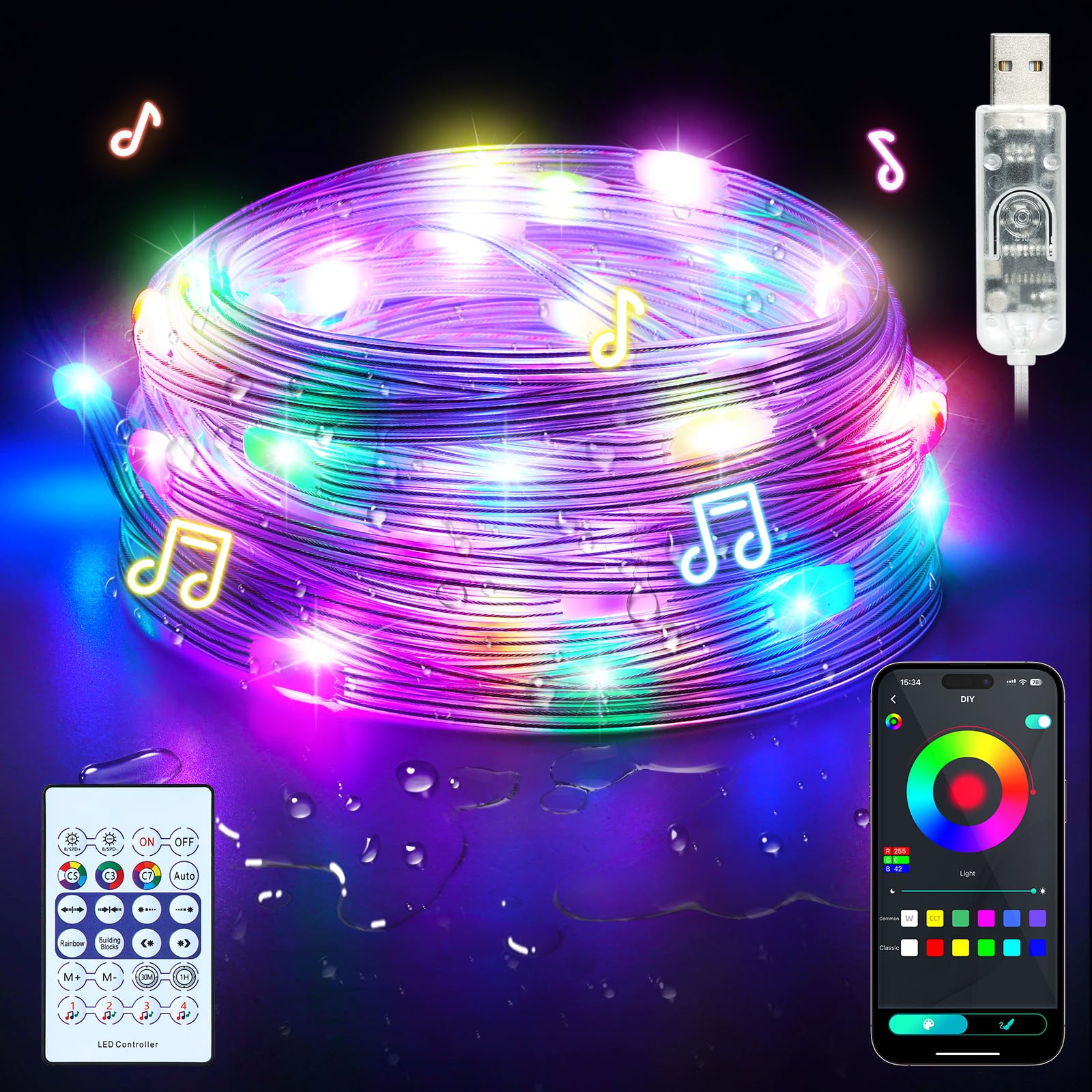 Lotalot RGB Smart Fairy Lights: 33FT Color Changing Rope Lights - 66 LED 23 Modes IP68 Outdoor Waterproof Rope Lights - RGB Colo