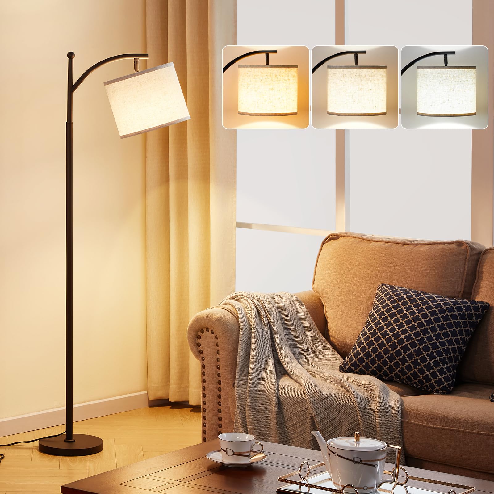 Ambimall 60&quot; Adjustable Floor Lamp With 3 Color Temperatures & Linen Shade - Beige & Black