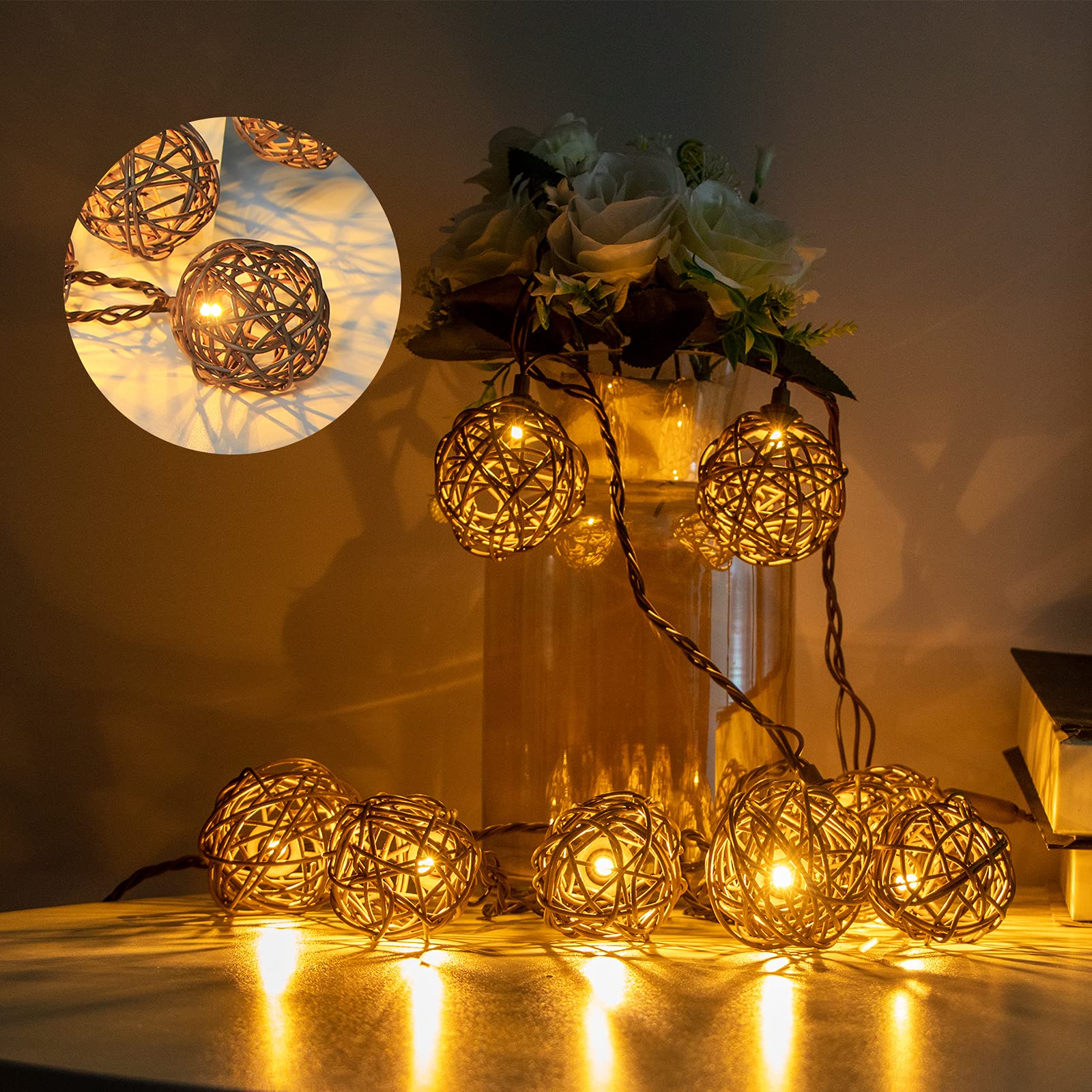 Vigdur Rattan - Lantern String Lights with 10 Led Bulbs Connectable Indoor Outdoor Decorative Lights for Balcony Patio Garden We