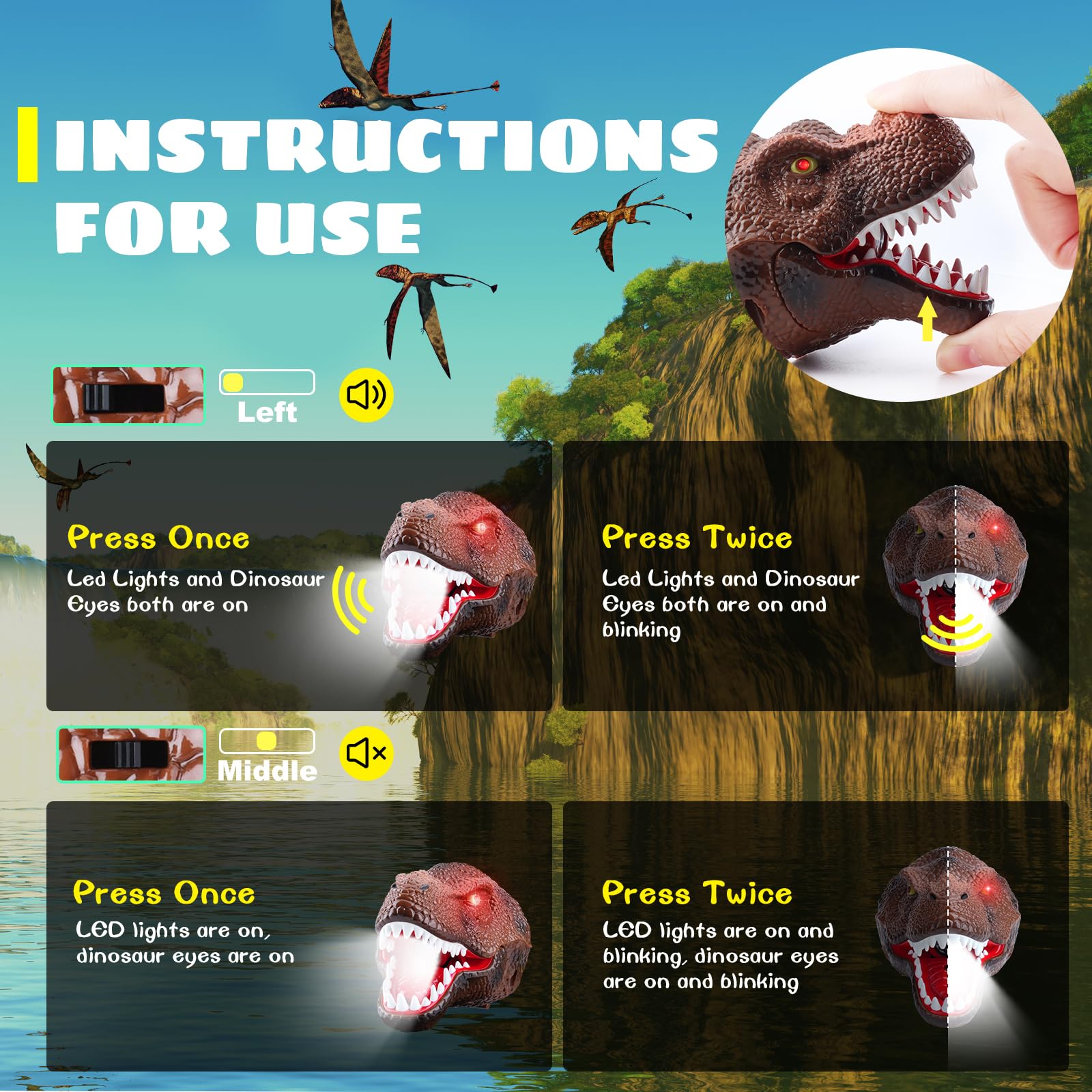 Dysaim Kids Headlamp, Dinosaur Led Rechargeable Headlamp For Kids Flashlight Outdoor Camping Essentials Gear, Dinosaur Toys Head