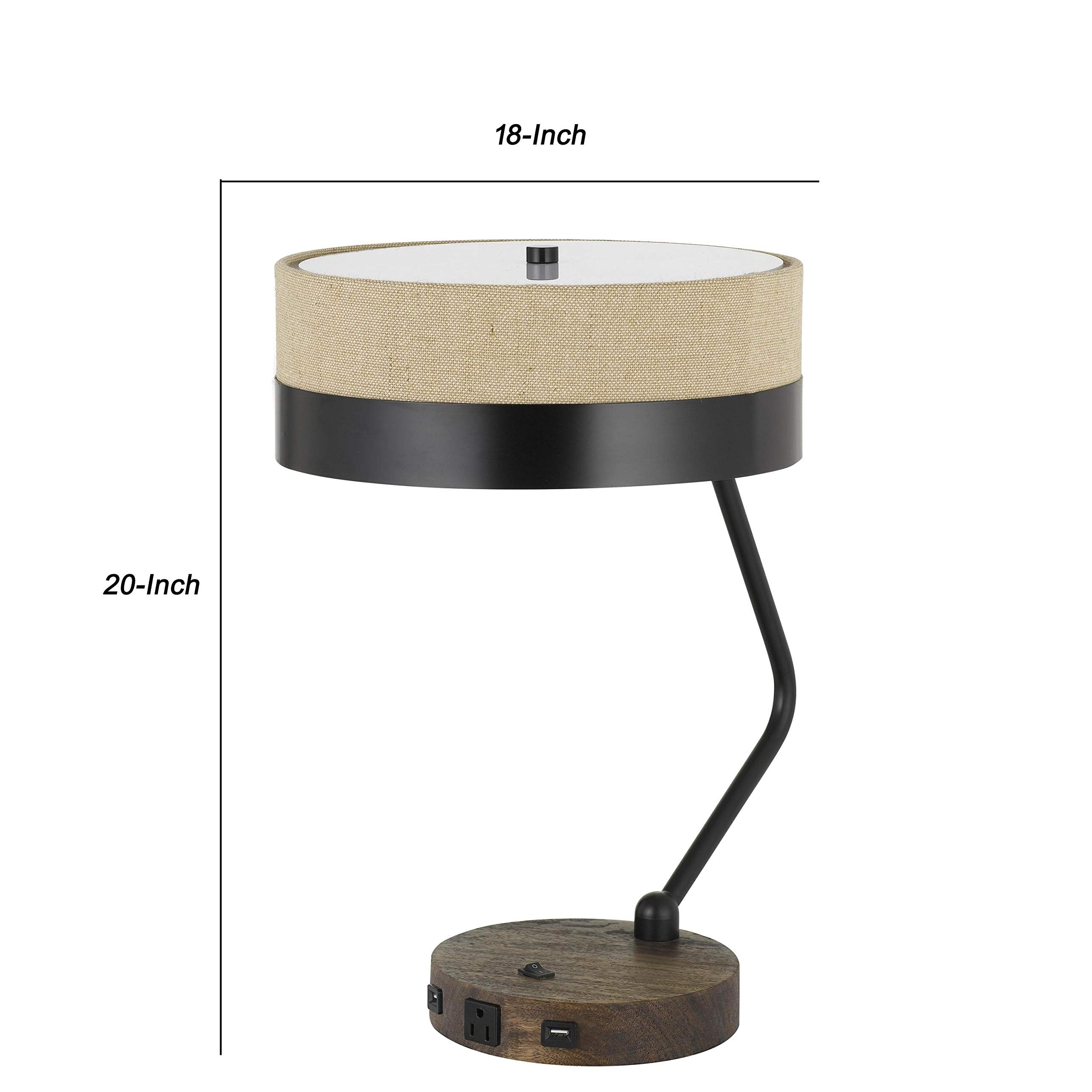 Benjara Metal Lined Fabric Shade Desk Lamp With Wooden Base, Beige And Black