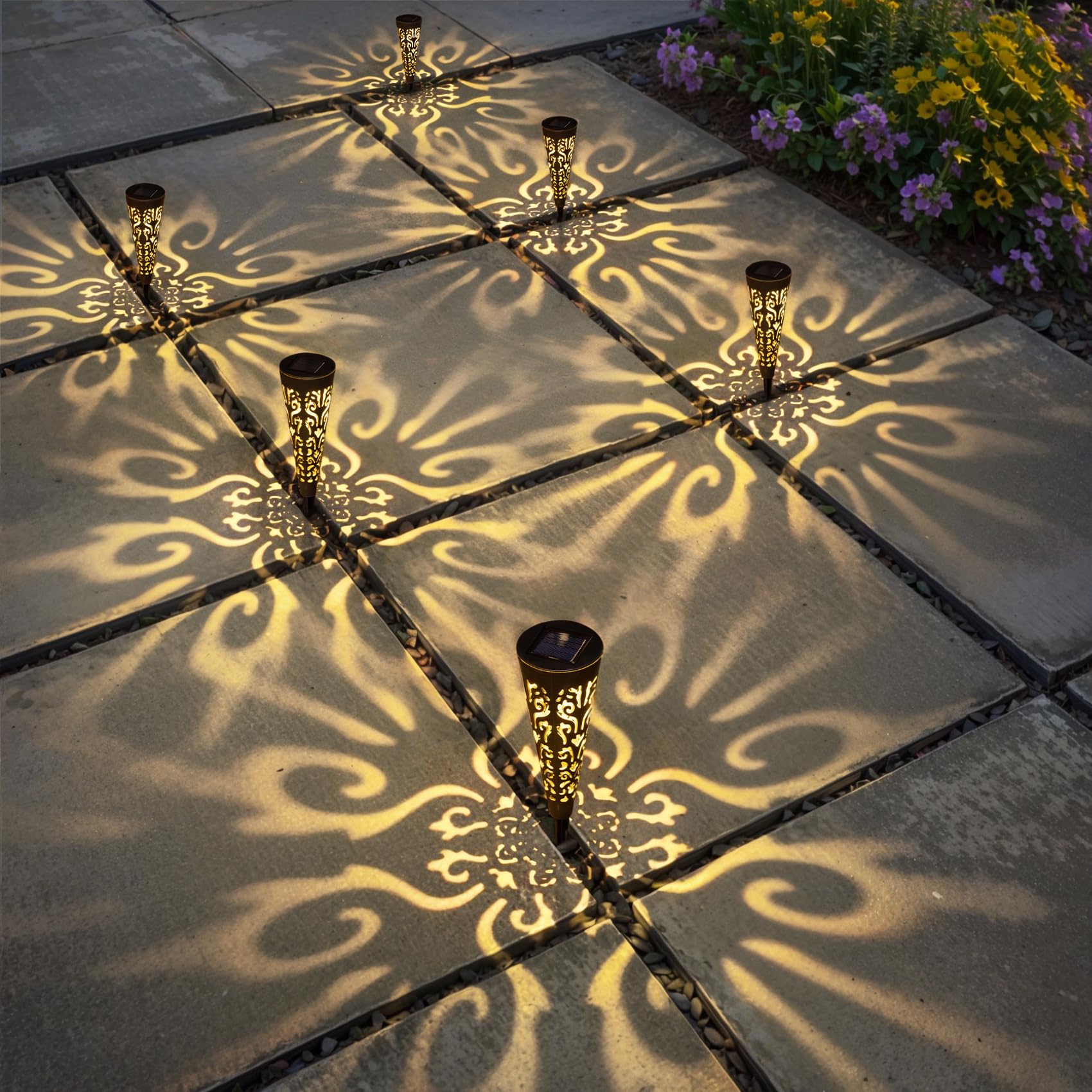 Go2garden Solar Lights - 6Pcs Decorative Conical Garden Stakes for Patio, Yard, Lawn, Black