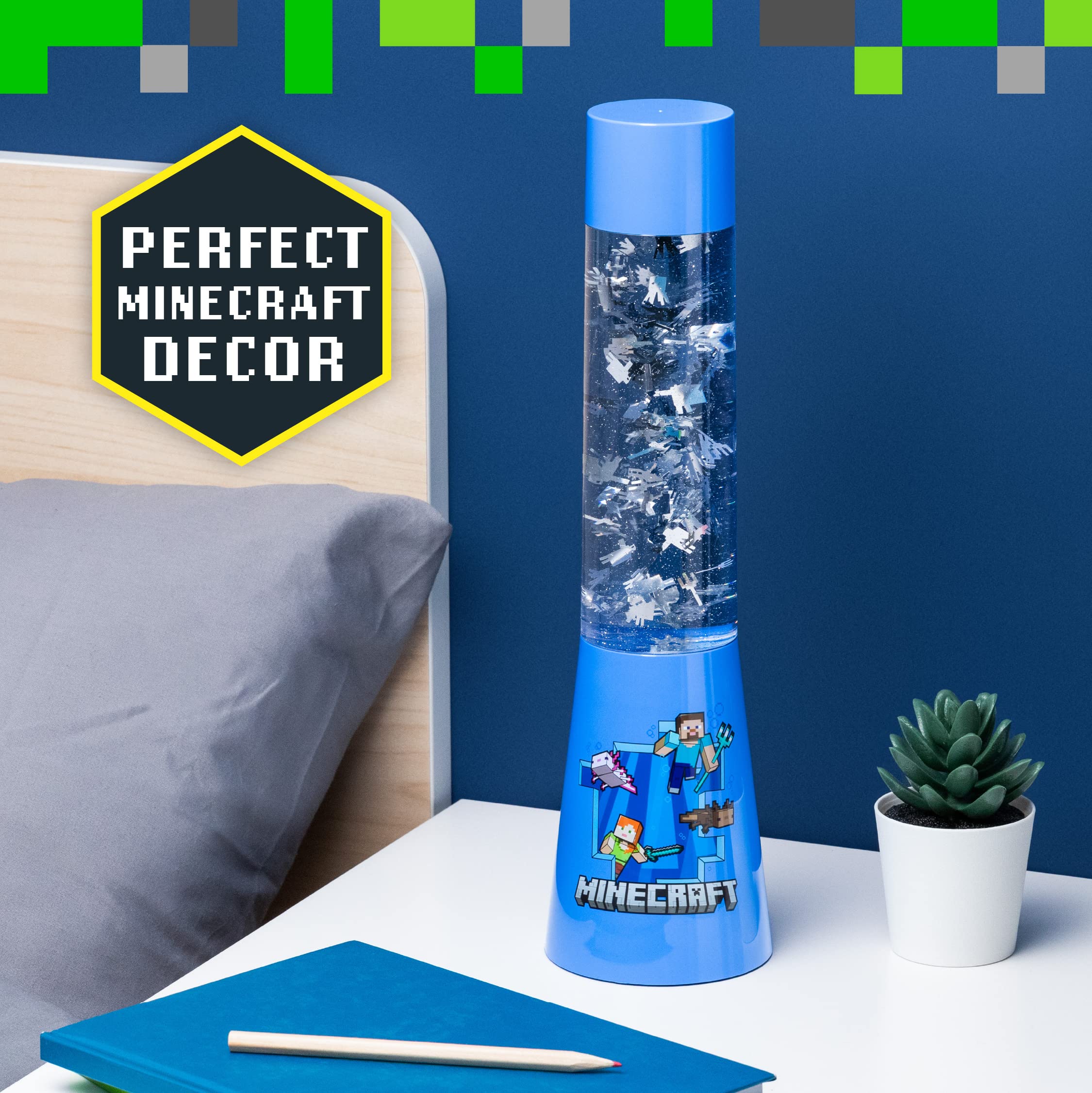 Paladone Minecraft Glitter Flow Lamp - Official Night Light, 33 cm, Kids Room Décor, Model PP10069MCF
