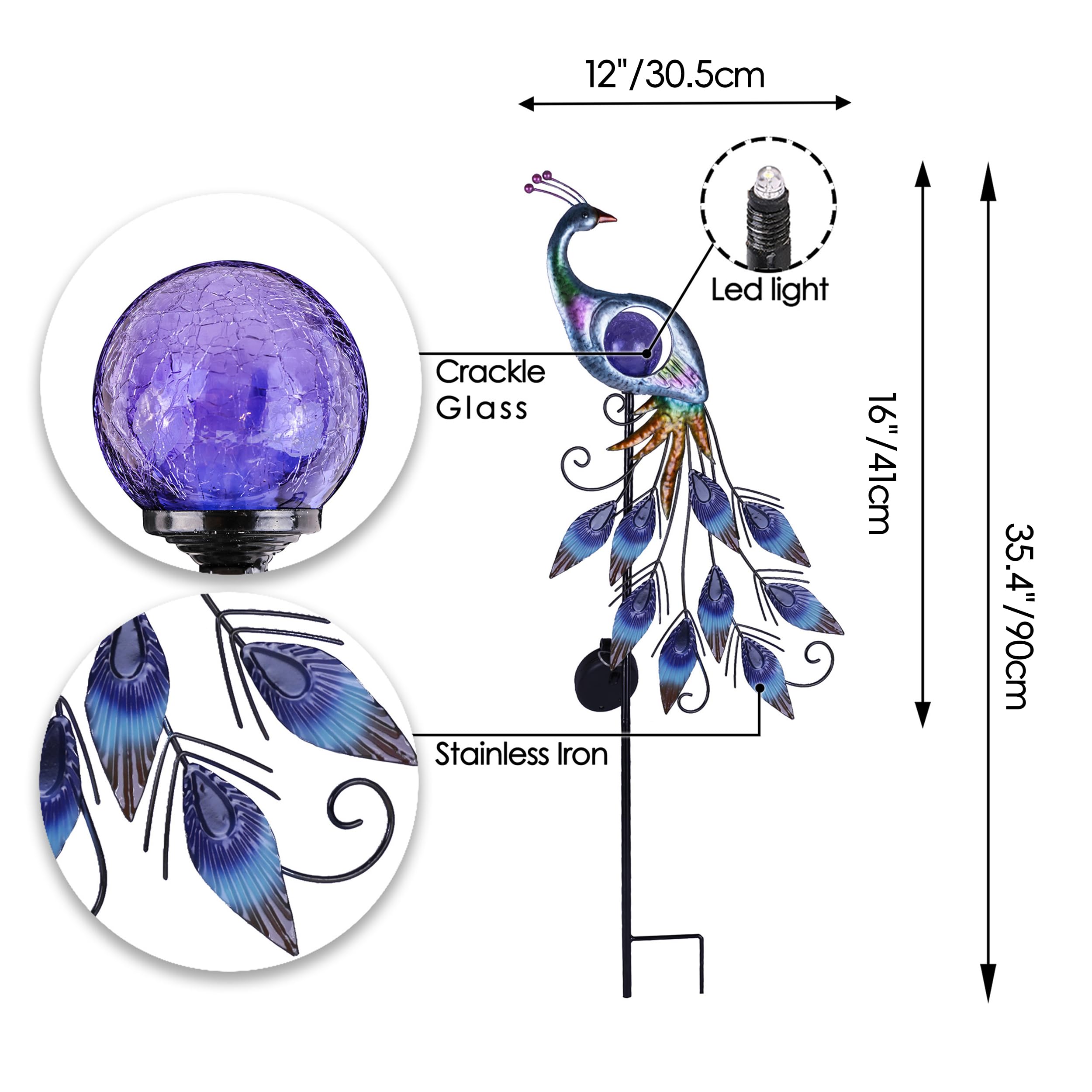 Teresa'S Collections Peacock Solar Lights - 35.4&quot; Metal Garden Decor With Crackle Glass Ball