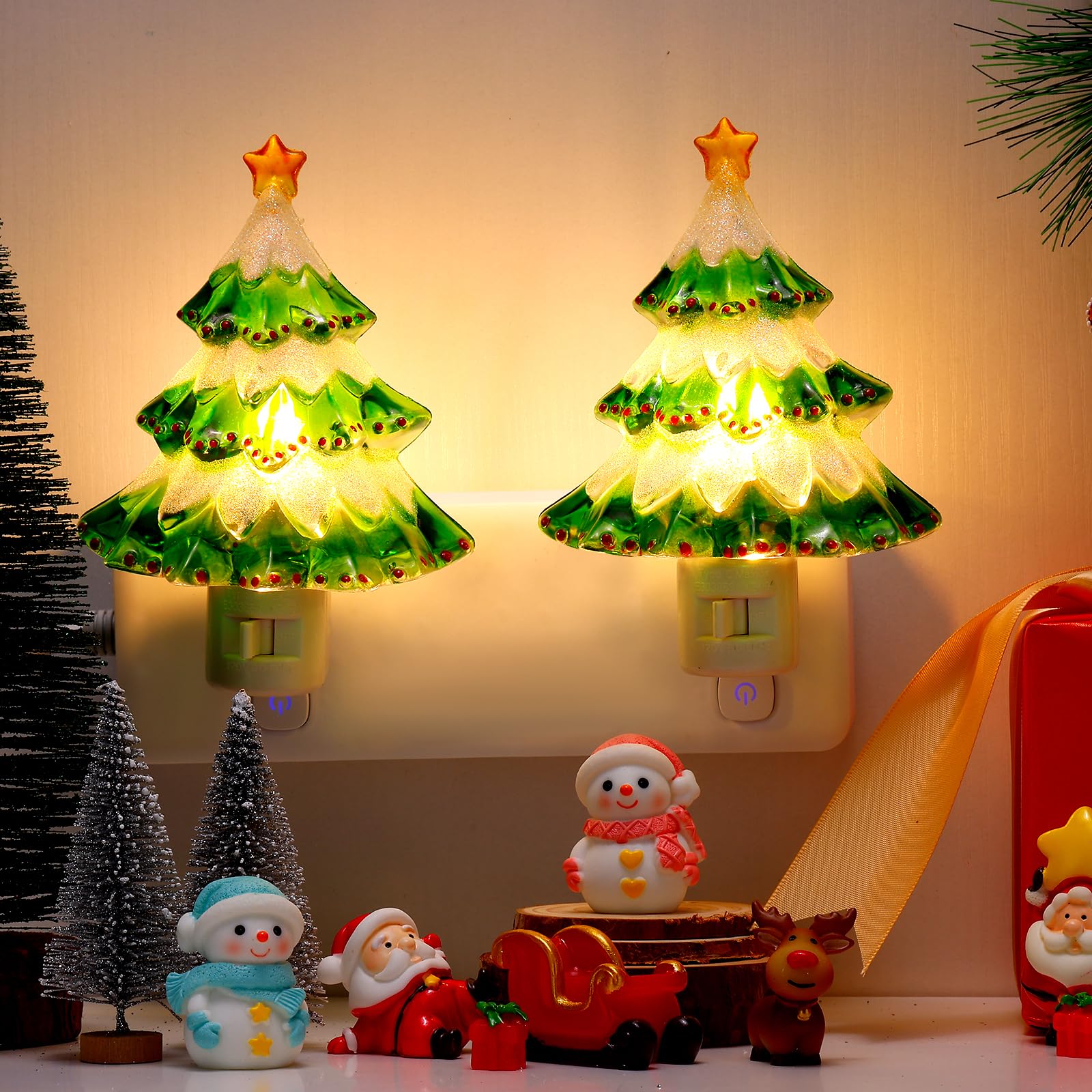 2 Pack 6'' Decorative Christmas Wreath Night Light With On/Off Switch, Plastic Night Light For Bedroom Living Room Porch Holiday