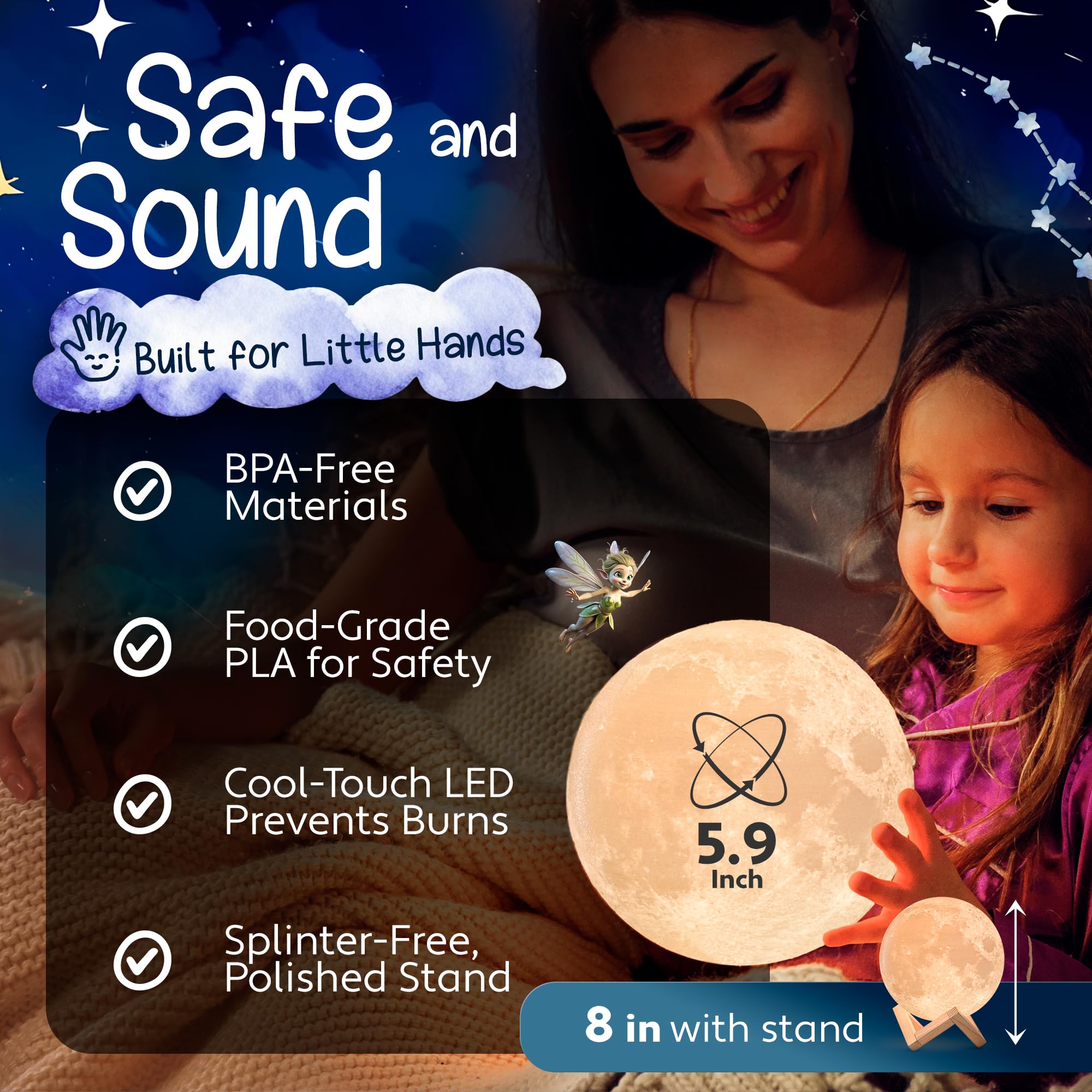 Mind-Glowing 3D Moon Lamp - Multi Color LED Night Light, 5.9 Inch, Honey Brown Stand, Touch/Remote Control - Ideal Gift for Kids 4-10 Years