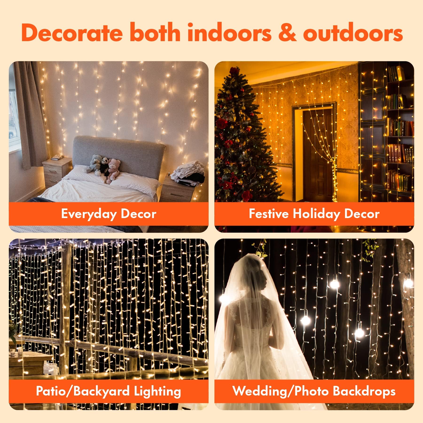 Twinkle Star 300 LED Fairy Curtain String Lights, Warm White, 2 Pack, 8 Modes, Plastic, Model JT-DC300V0200-C
