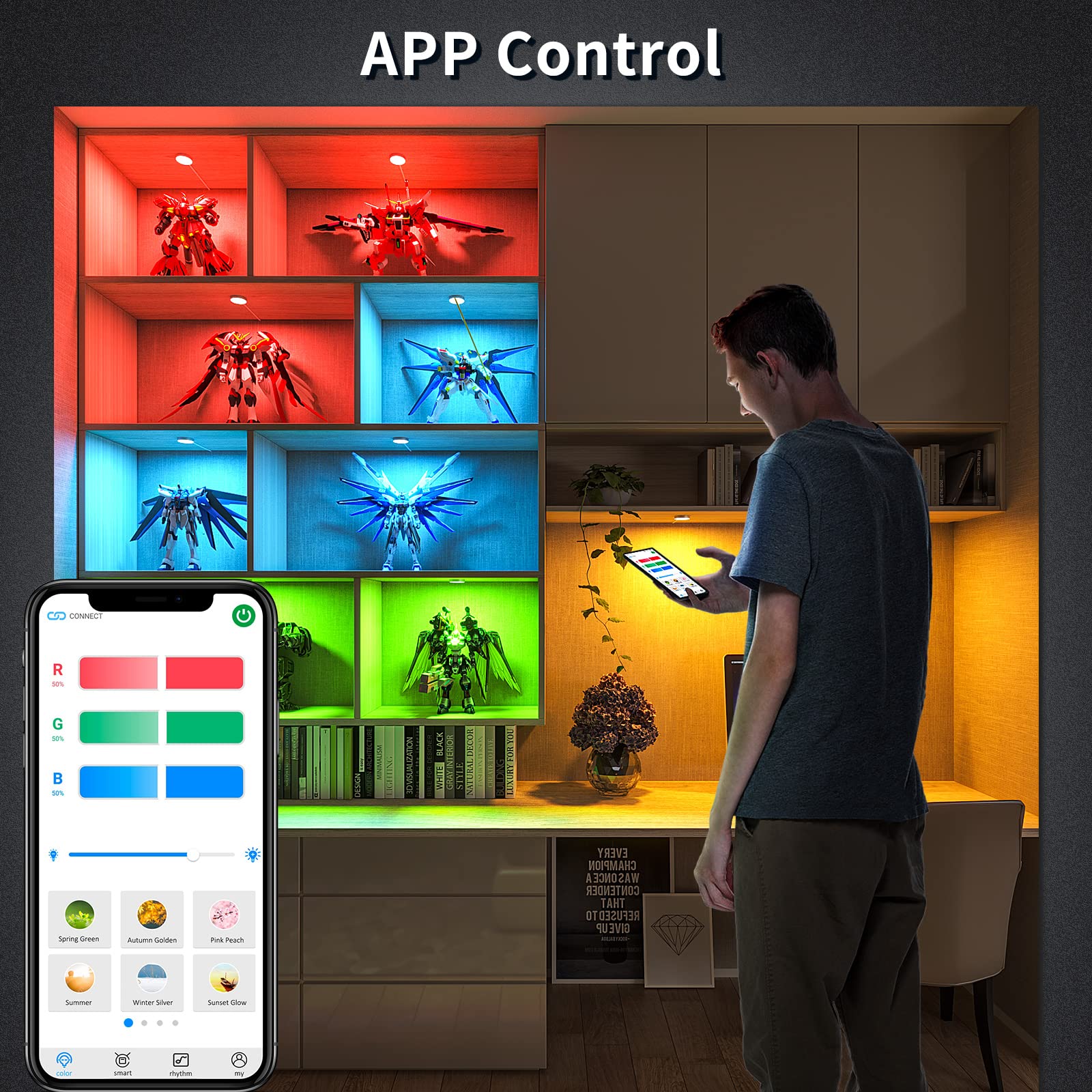 BASON LIGHTING RGB Under Cabinet LED Puck Lights, Bluetooth App Control, Dimmable, Glass, Model CS112