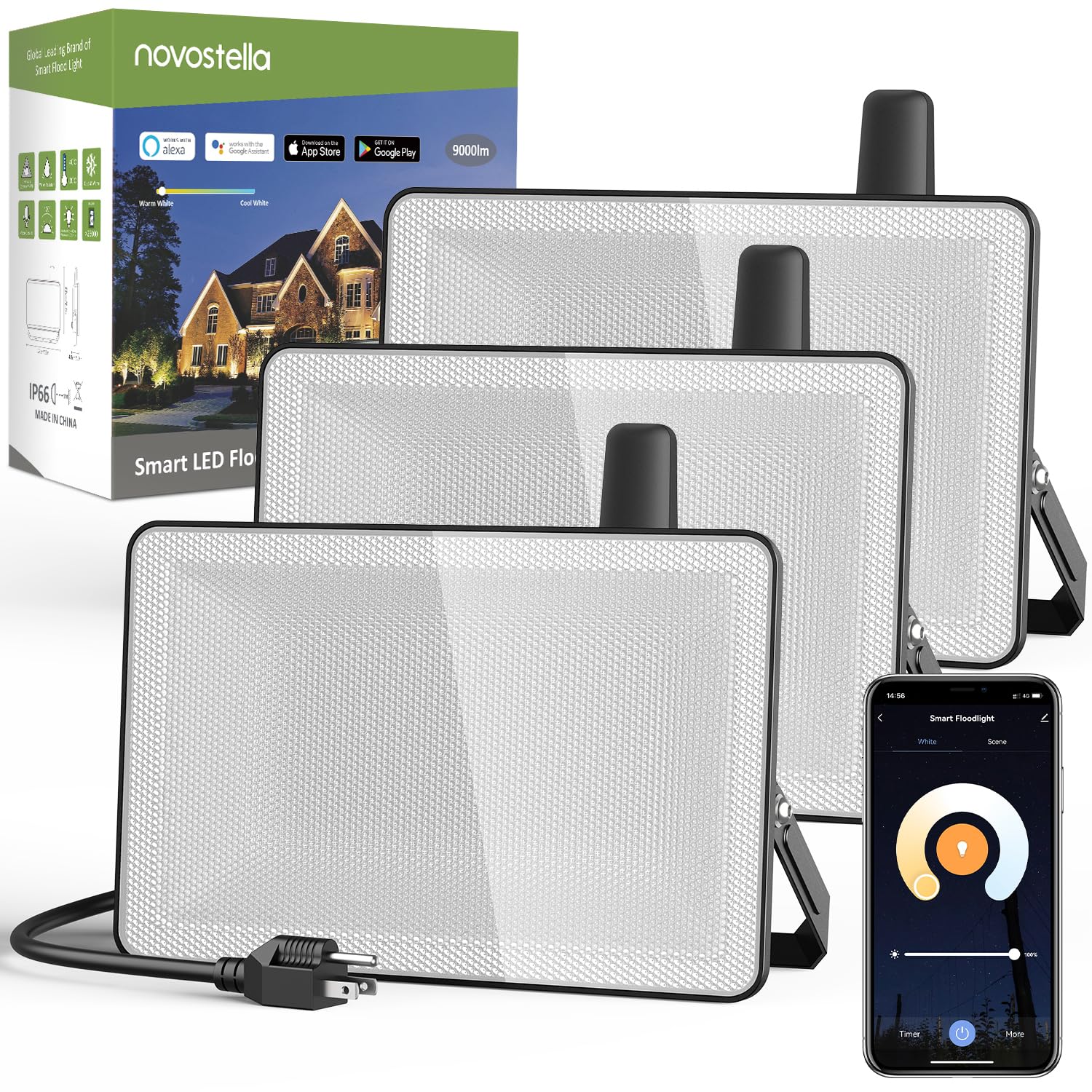 NOVOSTELLA 3 Pack 100W Smart LED Flood Light, Total 18000LM Super Bright Flood Light Outdoor IP66 Waterproof, Tunable White 2700