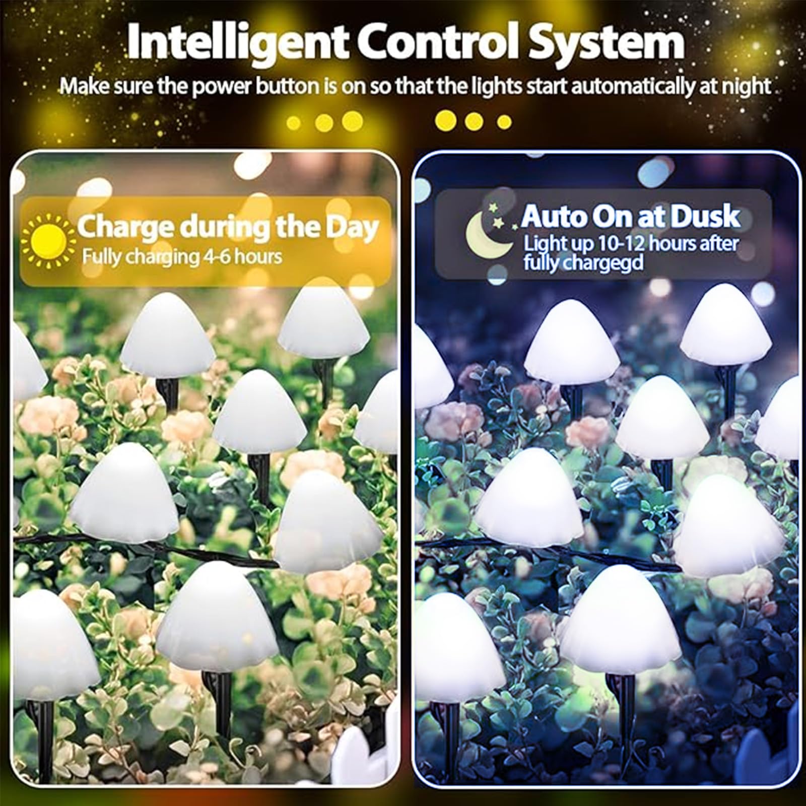 OZS Solar String Lights 32LED 55FT 2 Pack Waterproof with 8 Lighting Modes Mushroom-Cool White for Garden Pathway Decor