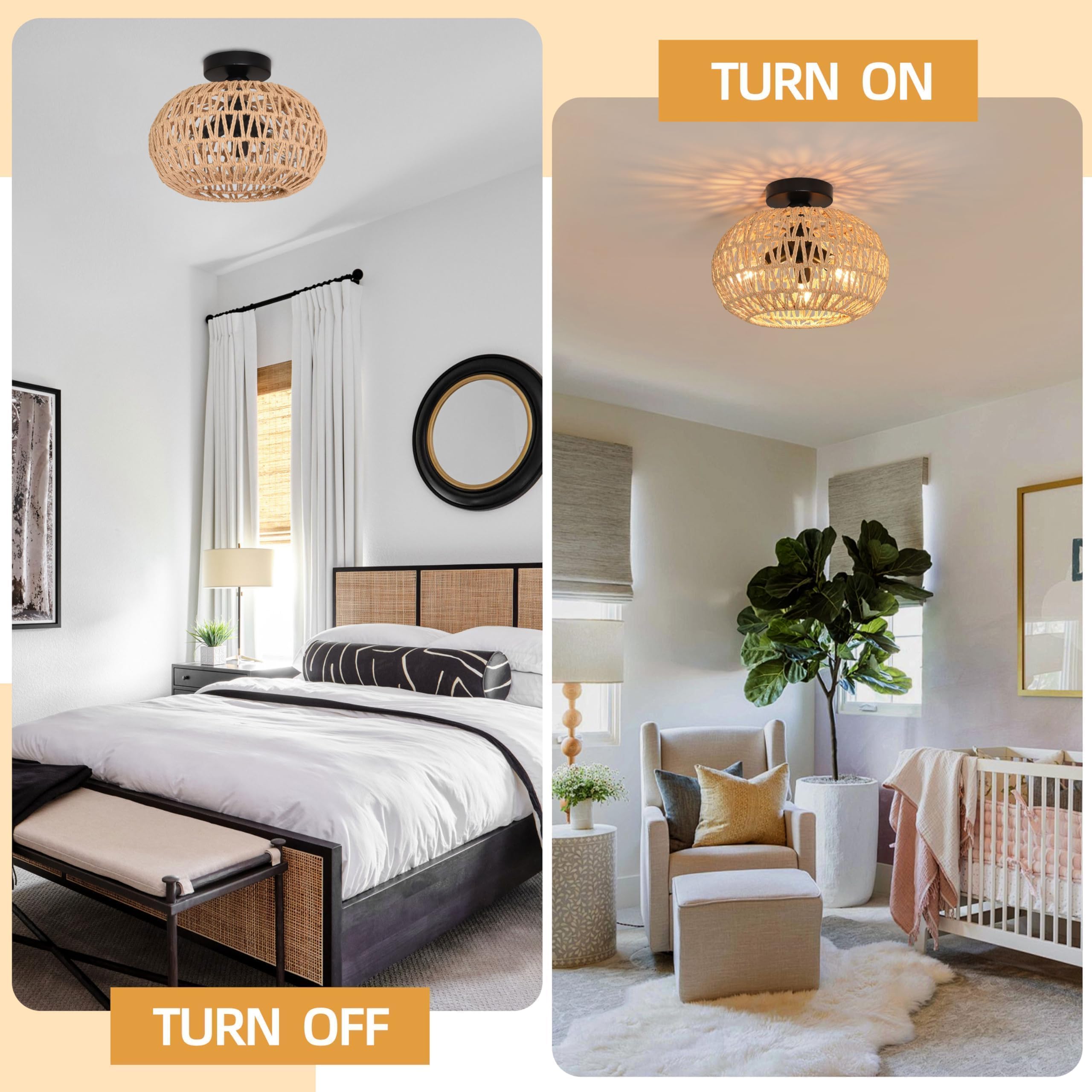Ayshwilldec 11.8'' Rattan Ceiling Light Boho Light Fixtures Ceiling 3-Lights Boho Semi Flush Mount Ceiling Light Rattan Close To