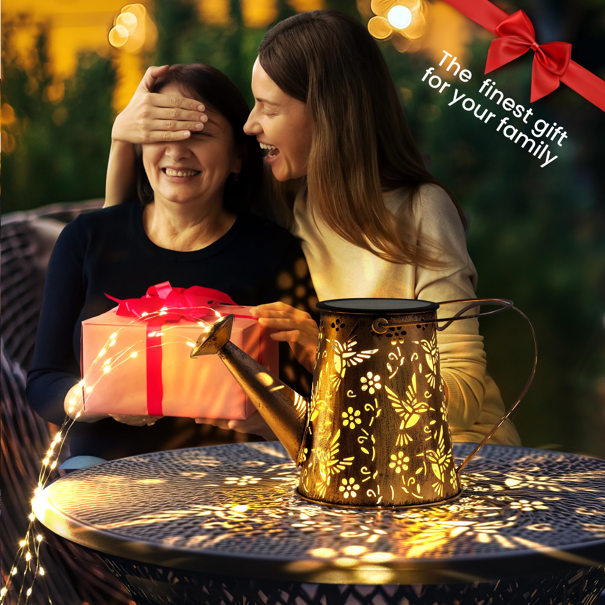 PATIOPIA Solar Lights Outdoor Garden Lanterns, Large Watering Can Decor, Gold, Metal, 2 Pack, Model 9204