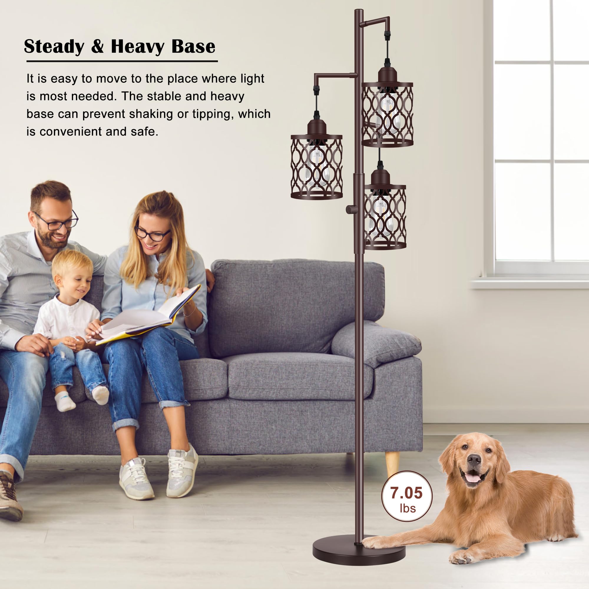 Rottogoon 68 Dimmable Industrial Floor Lamp, 3 Light Rustic Metal Design, Brown, Model Rodlldd24314, Includes 3 Pcs 6W E26 Bul