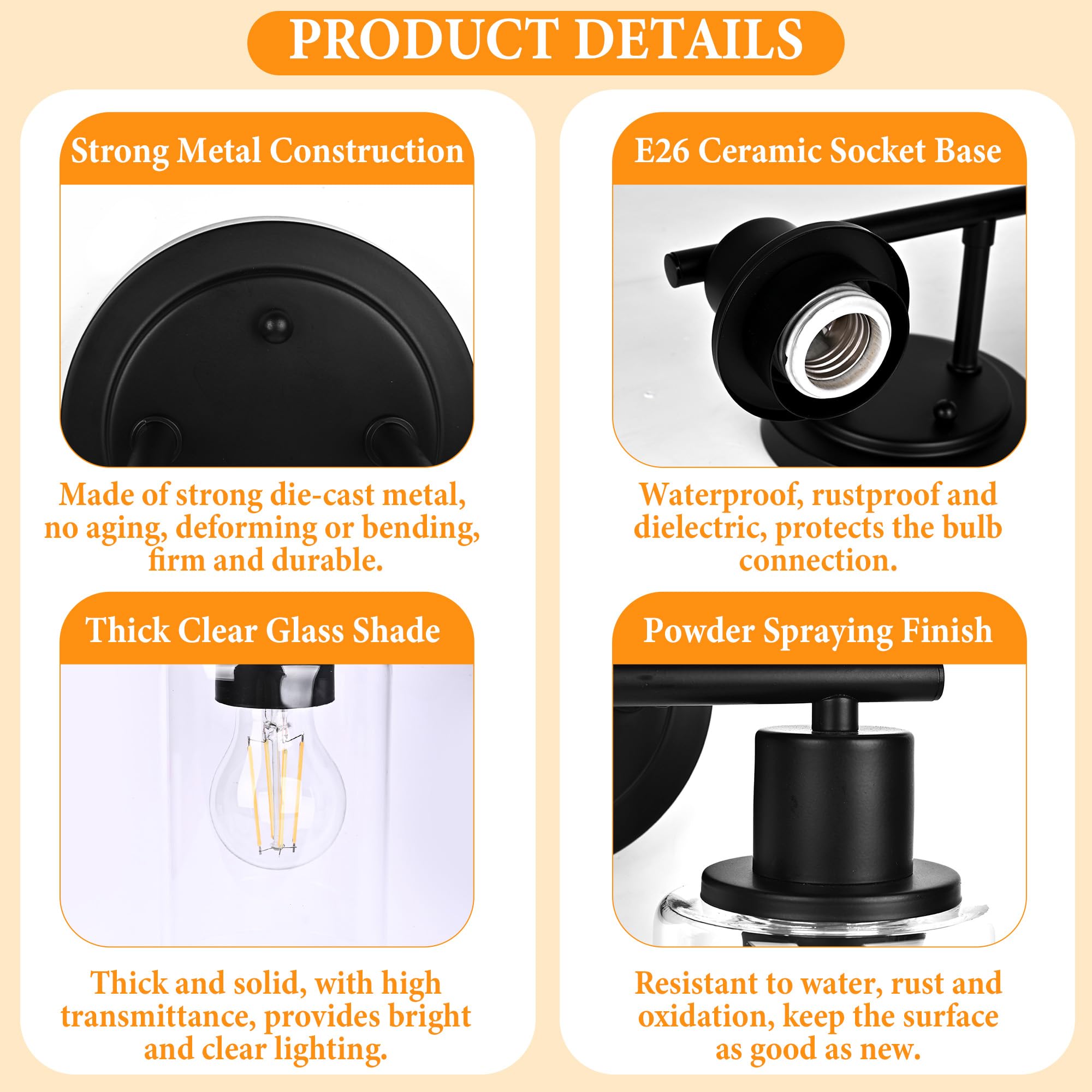Faymart 2-Light Bathroom Vanity Light Fixture, Black Glass & Metal, Model 748327905263
