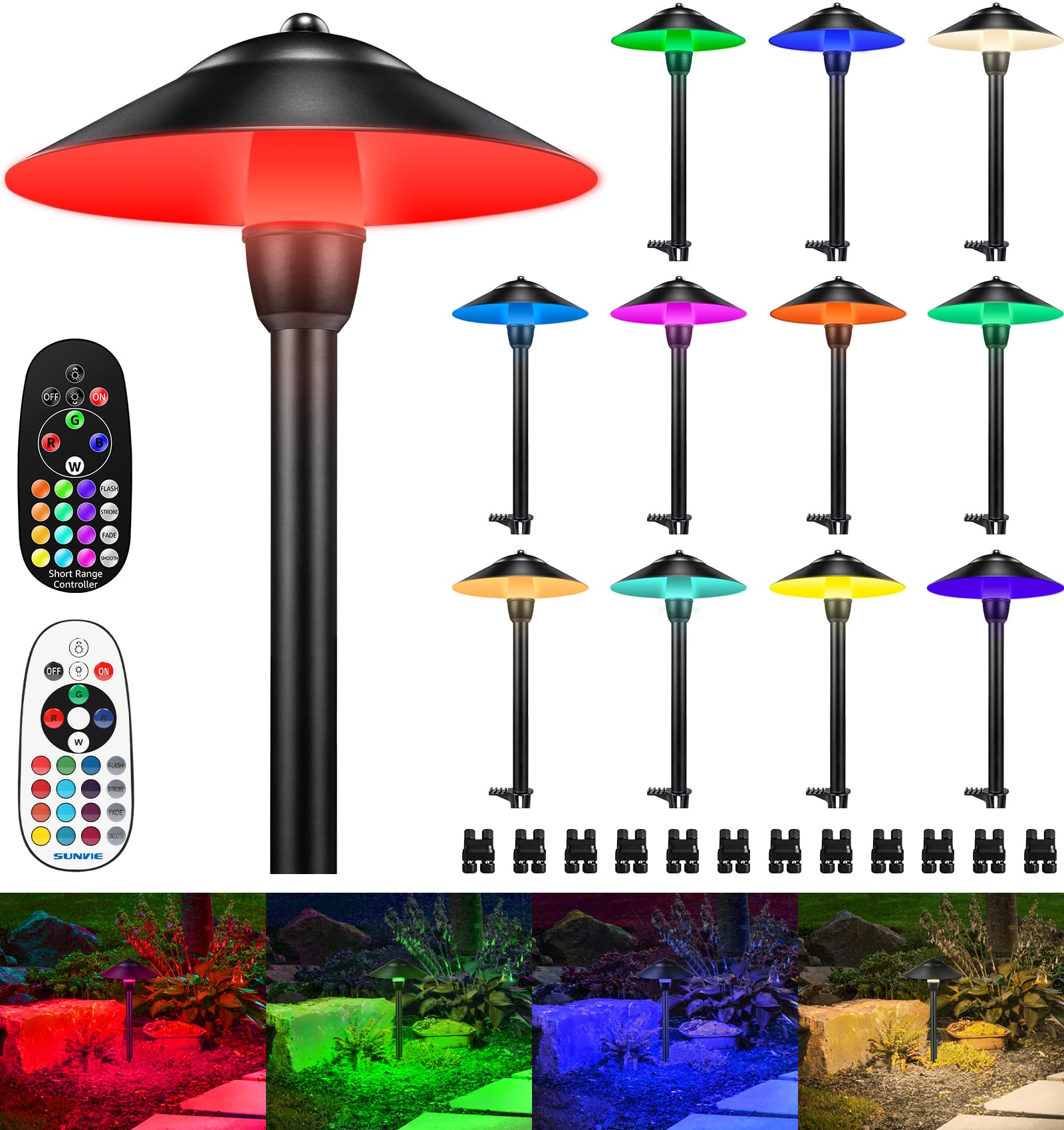 SUNVIE RGBW Low Voltage Landscape Lights, 3W Color Changing, Waterproof, 12-24V, Black, Model LSARB-03-12C, 12 Pack
