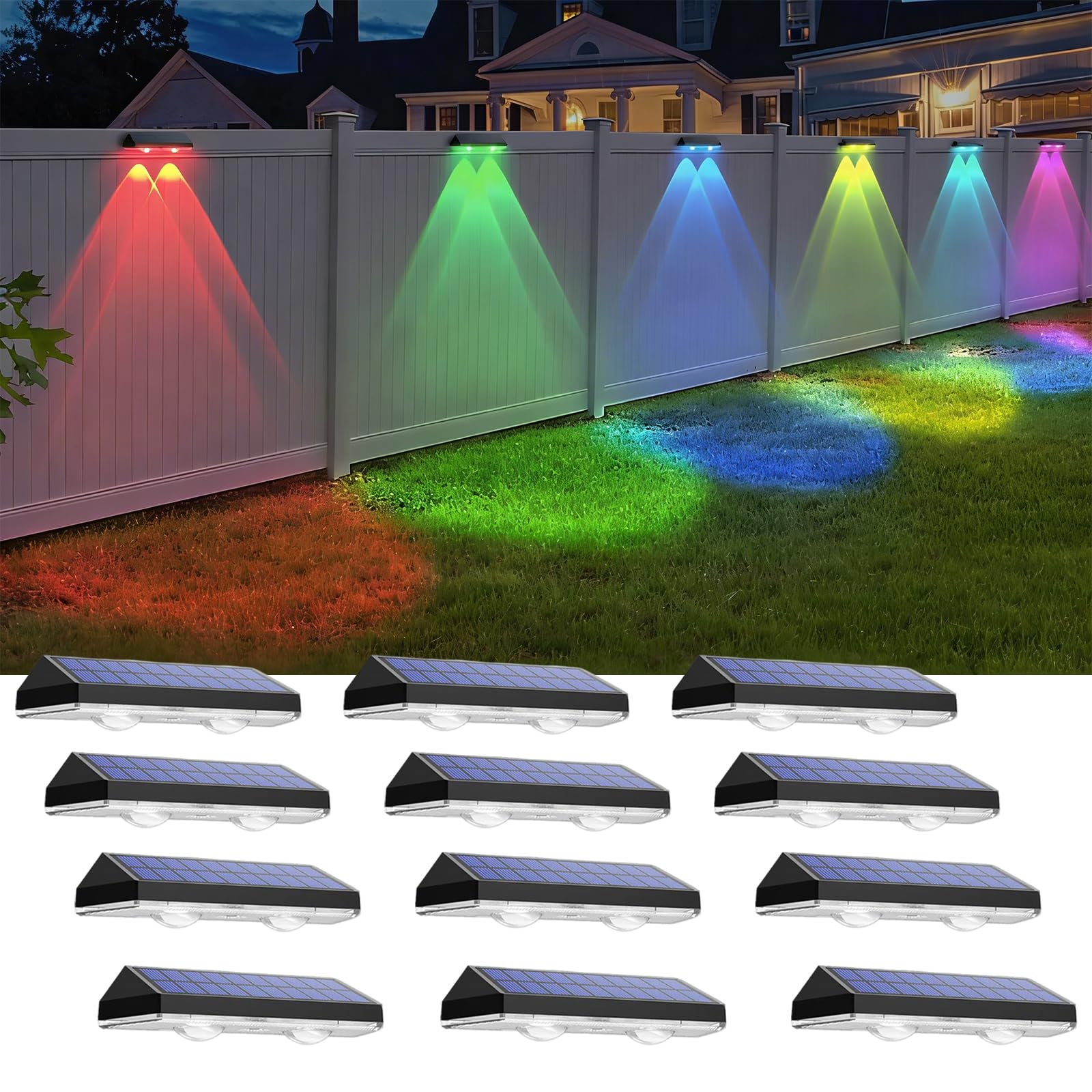 Solar Fence Lights Outdoor - Warm White & RGB 6 Color  Dusk to Dawn Solar Deck Light  Solar Lights Outdoor IP65 Waterproof  Garden Lights for Outside/Backyard/Railing/Step/Patio/Wall (12 pack)