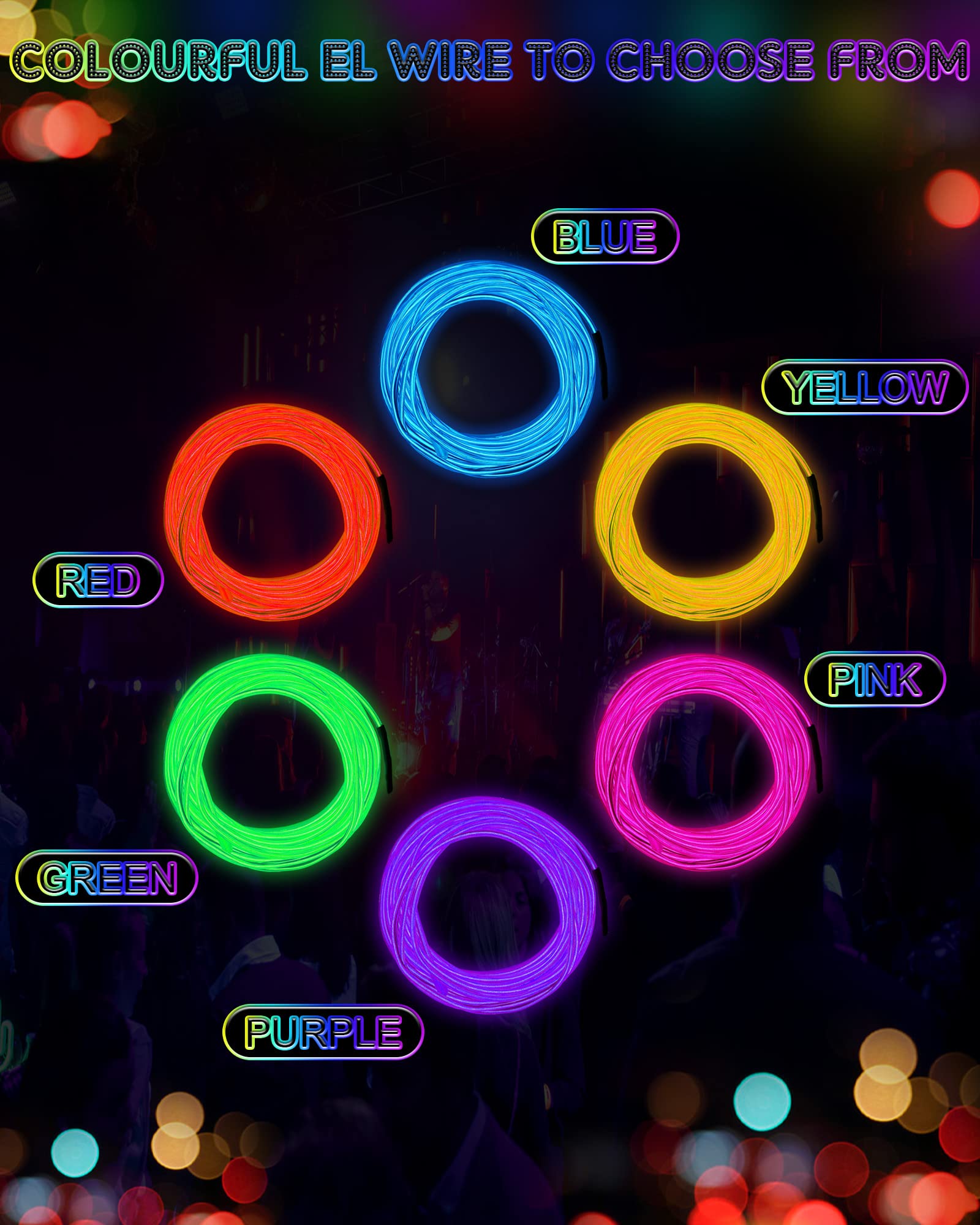 6 Pieces El Wire Portable El Wire Neon Lights Wearable Led Lights Electroluminescent Wire Battery Operated Glow Wire Neon El Wire Led Lights For Diy Costume Halloween Christmas Decorations(9.84 Feet)
