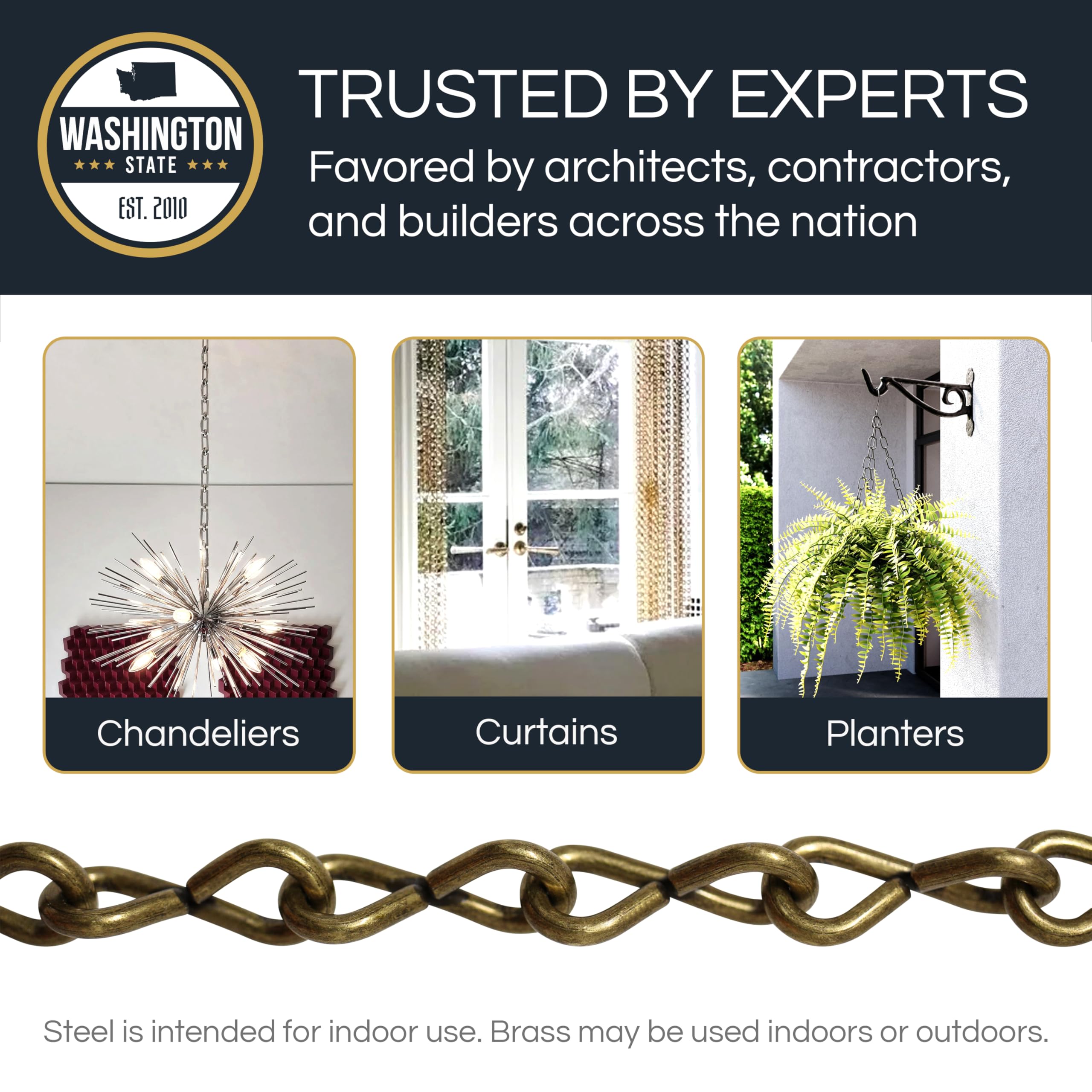 RCH Hardware Decorative Solid Steel Single Jack Fixture Chain, 10 Gauge, 3 Foot, Polished Brass Finish, Model CH-S50-12-PB-3