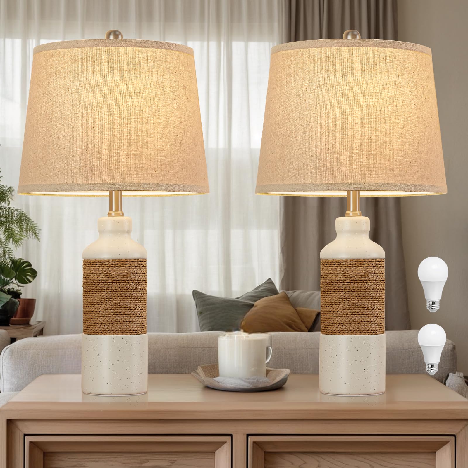 Gyrovu Rattan Table Lamp Set Of 2, Wicker Lamps, 3 Way Dimmable Touch Seagrass Table Lamp With 2 Usb Ports And 1 Ac Outlet For Bedroom Nightstand Table, Livingroom End Table, Bulbs Include