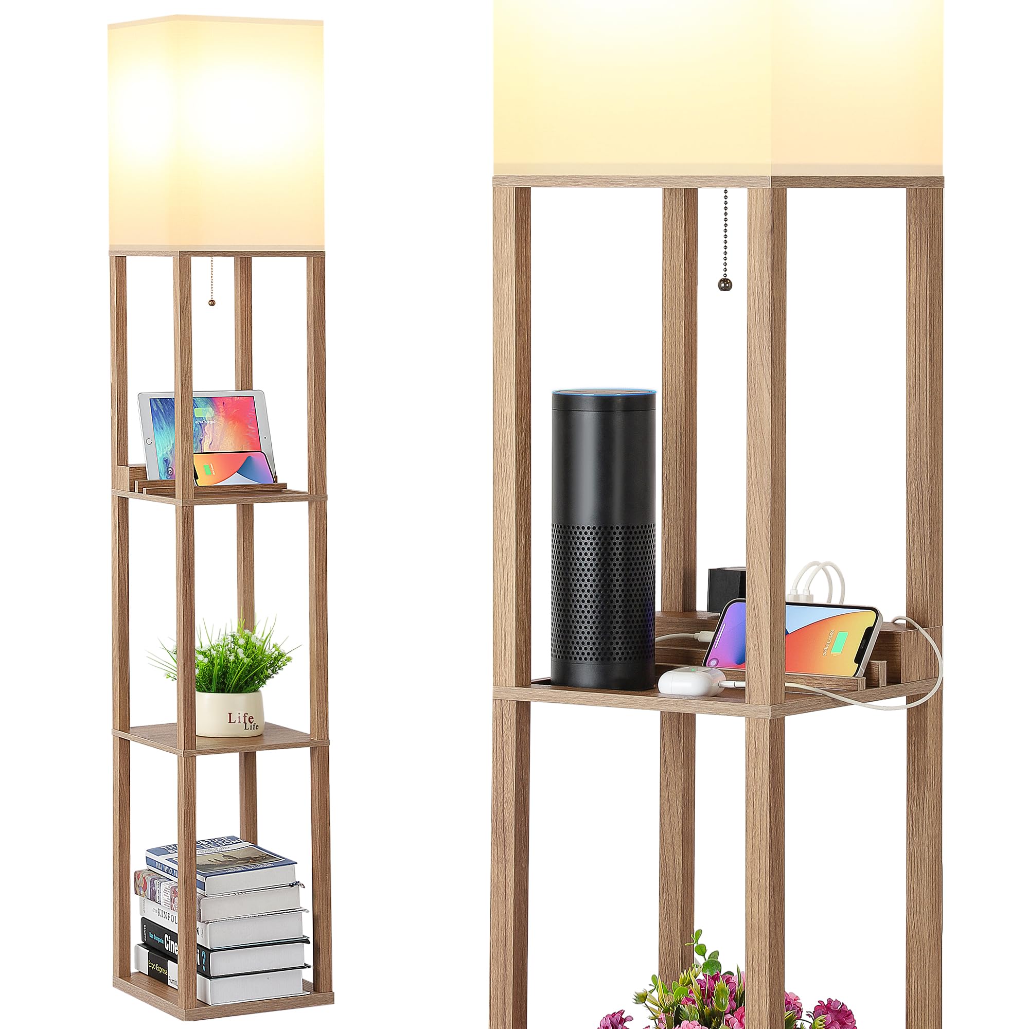 SHINE HAI Shelf Lamp, Modern Standing Light with 1 USB Port and 1 Type C Port and 1 Power Outlet, 3-Tiered Display Floor Lamps w