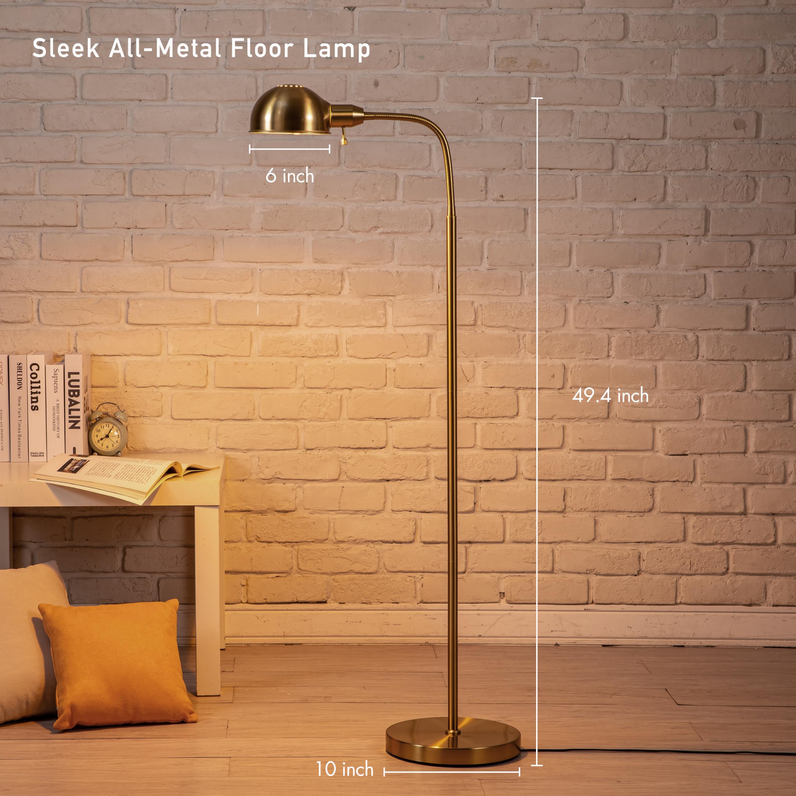 OBright Adjustable Floor Lamp - Flexible Gooseneck, Rotatable Shade, E26 Socket, 10-Inch Base, Antique Brass, Model OB-FL31S
