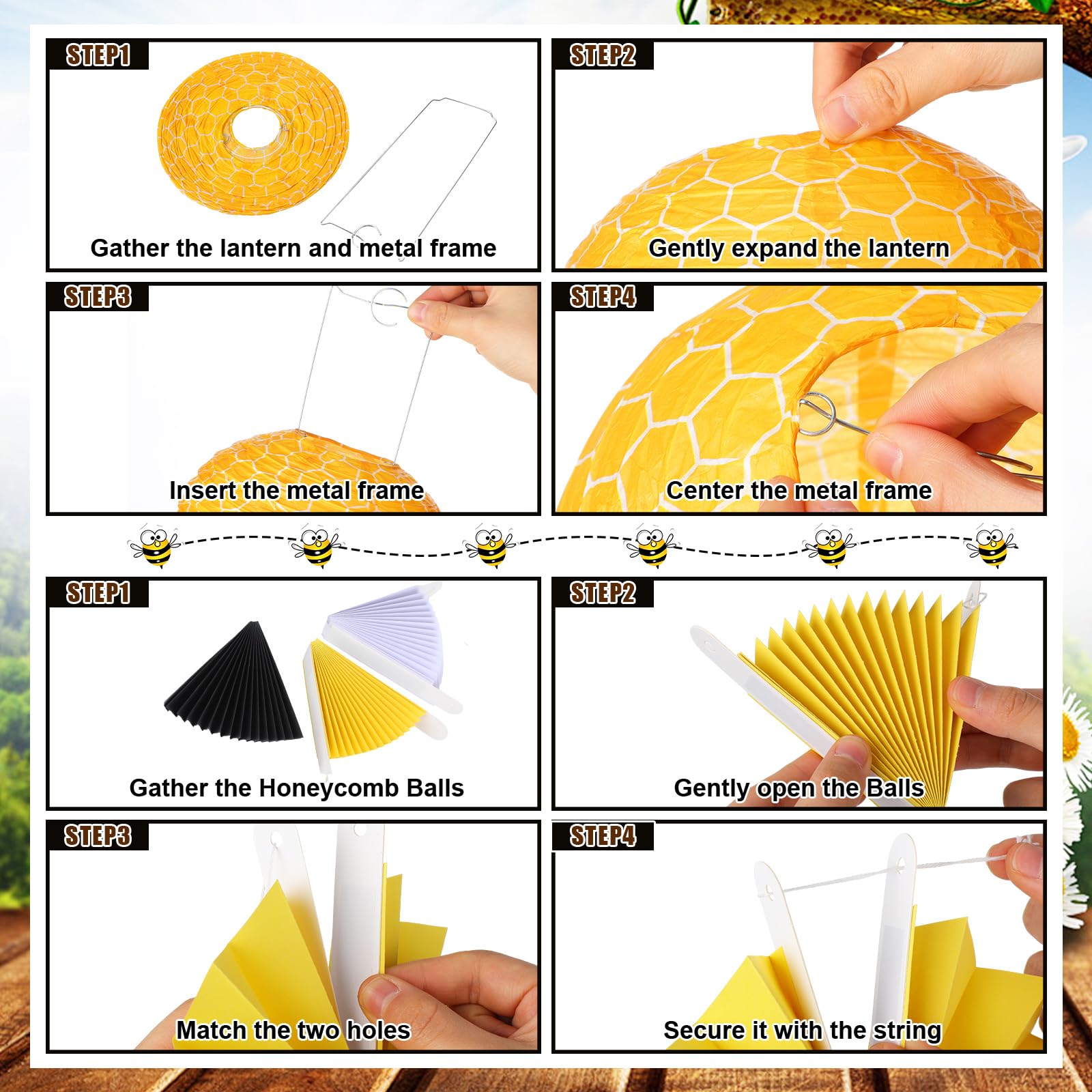 Retisee 18 Pcs Bee Party Decorations Kit Yellow Paper Lanterns Bee Honeycomb Ball Yellow White Paper Fans Decoration Bee Hanging
