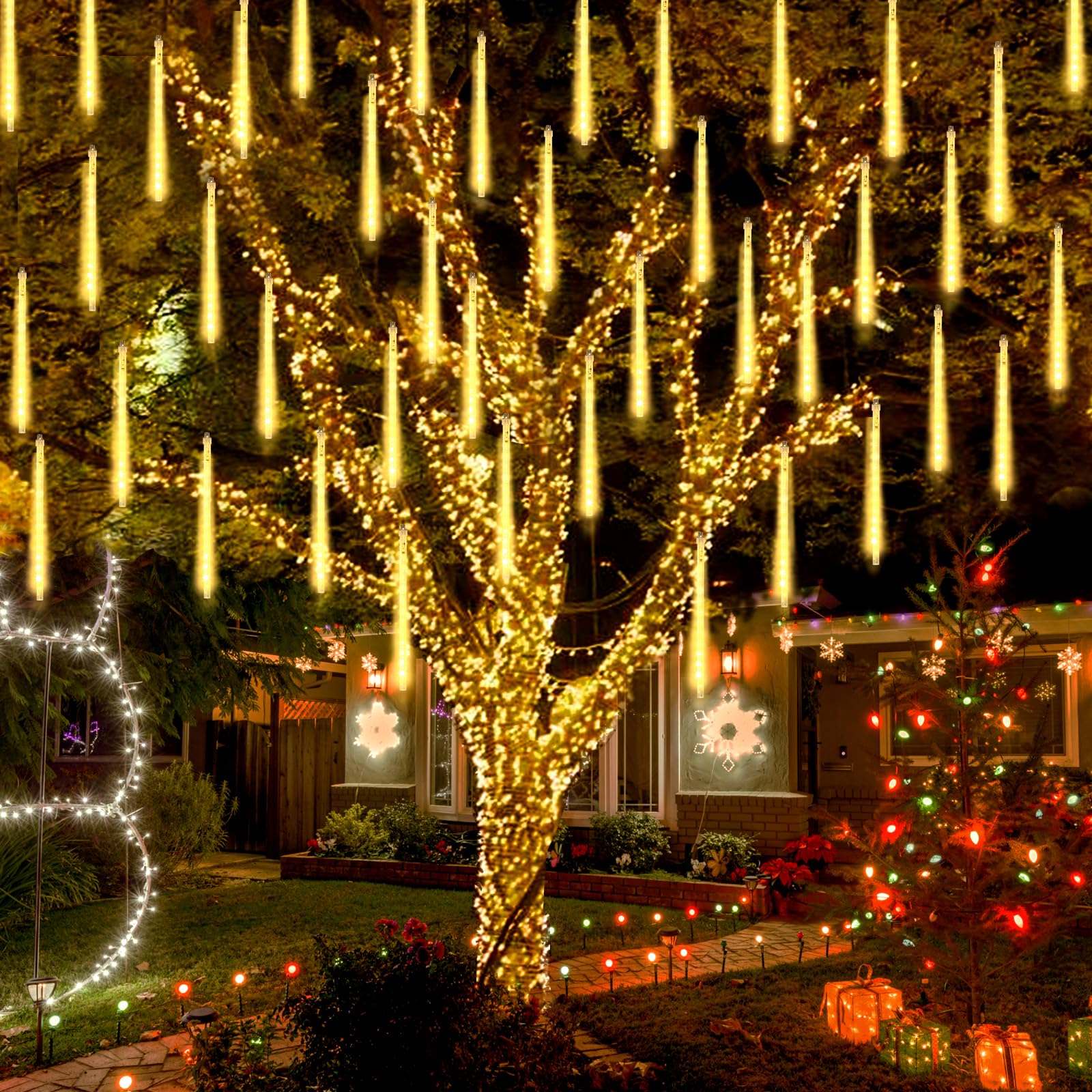 Roytong 20 Inch Meteor Shower Rain Lights - 10 Tube 540 LED Warm White Outdoor Christmas Decoration