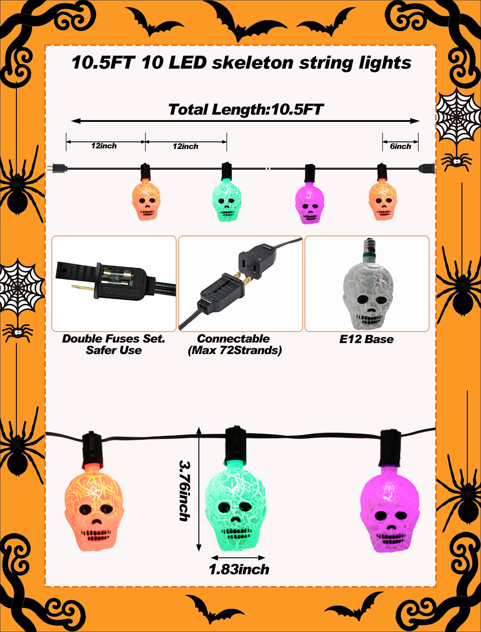 Hobbynors 10.5ft Halloween Skull String Lights, Waterproof, Multicolor, UL Certified, Model LR-I/O-C-10-0.6-J25