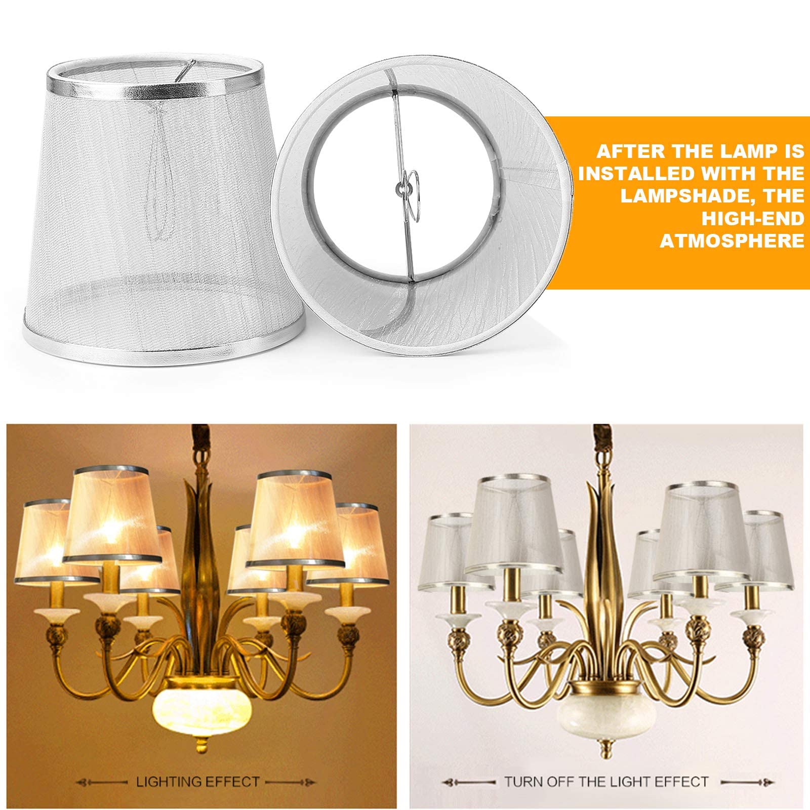 YISUN Crystal Chandelier Mini Lamp Shade Set of 6, 5.5-inch Bell, Clip On, Champagne Organza, Silver, Model DF-LCZD10-SI