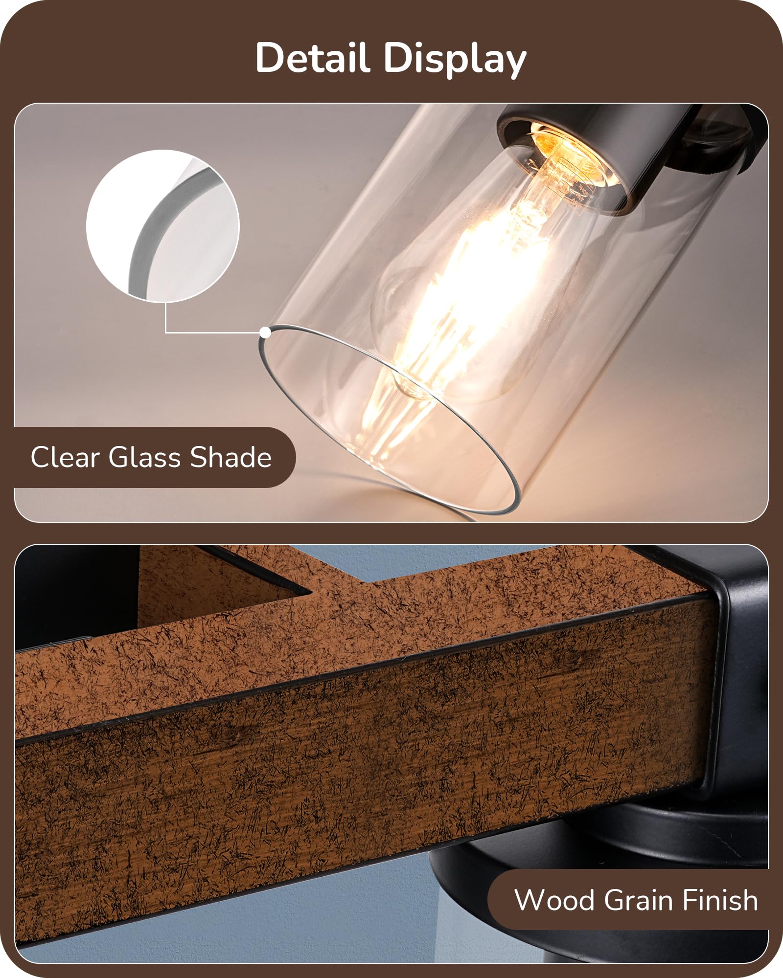 EDISHINE 2-Light Bathroom Vanity Light Fixtures, Dark Wood, Metal, Model HHVL02F, Clear Glass Shade, Ideal for Mirror and Powder Room