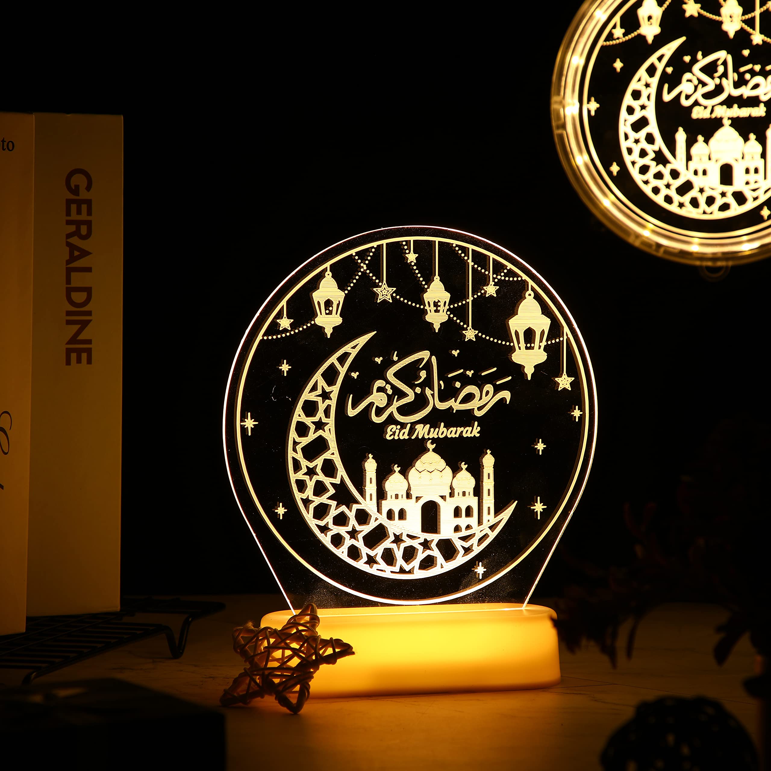 Honoson Ramadan Table Decoration for Home Ramadan LED Lights Eid Mubarak Star Moon Shaped Night Lamp Ornaments Mubarak Gift for 