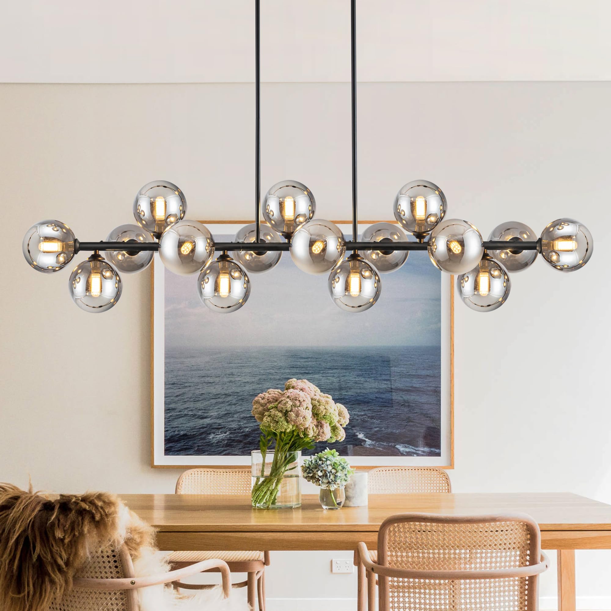 Chandelier,16-Light Large Pendant Lights Kitchen Island Modern Chandeliers for Dining Room Gray Island Lights for Kitchen Farmho