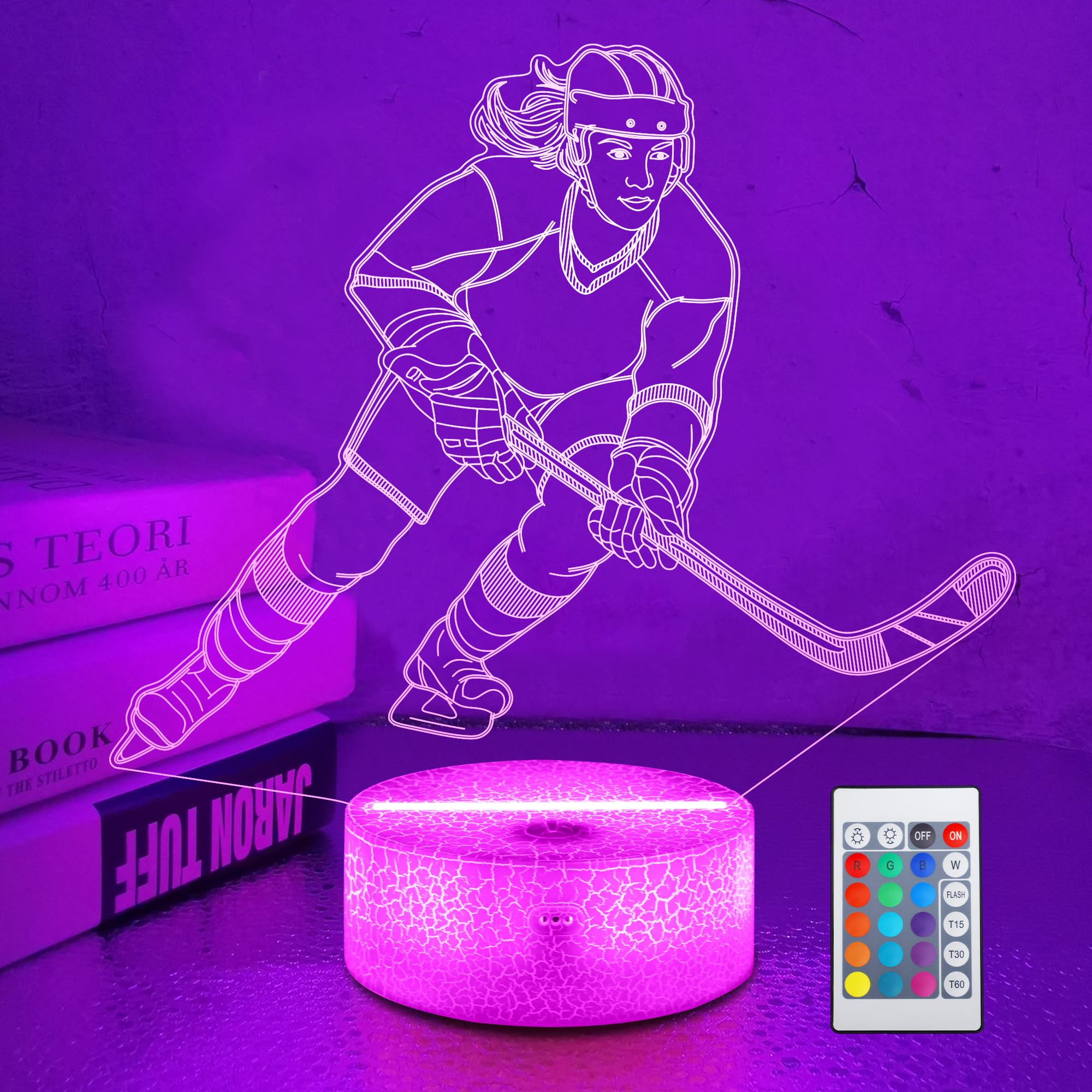 Hockey Stuff Gifts for Girls, Ice Hockey Girl Player 3D Night Light for Kids,16 Color Changing LED Illusion Desk Table Lamp for 
