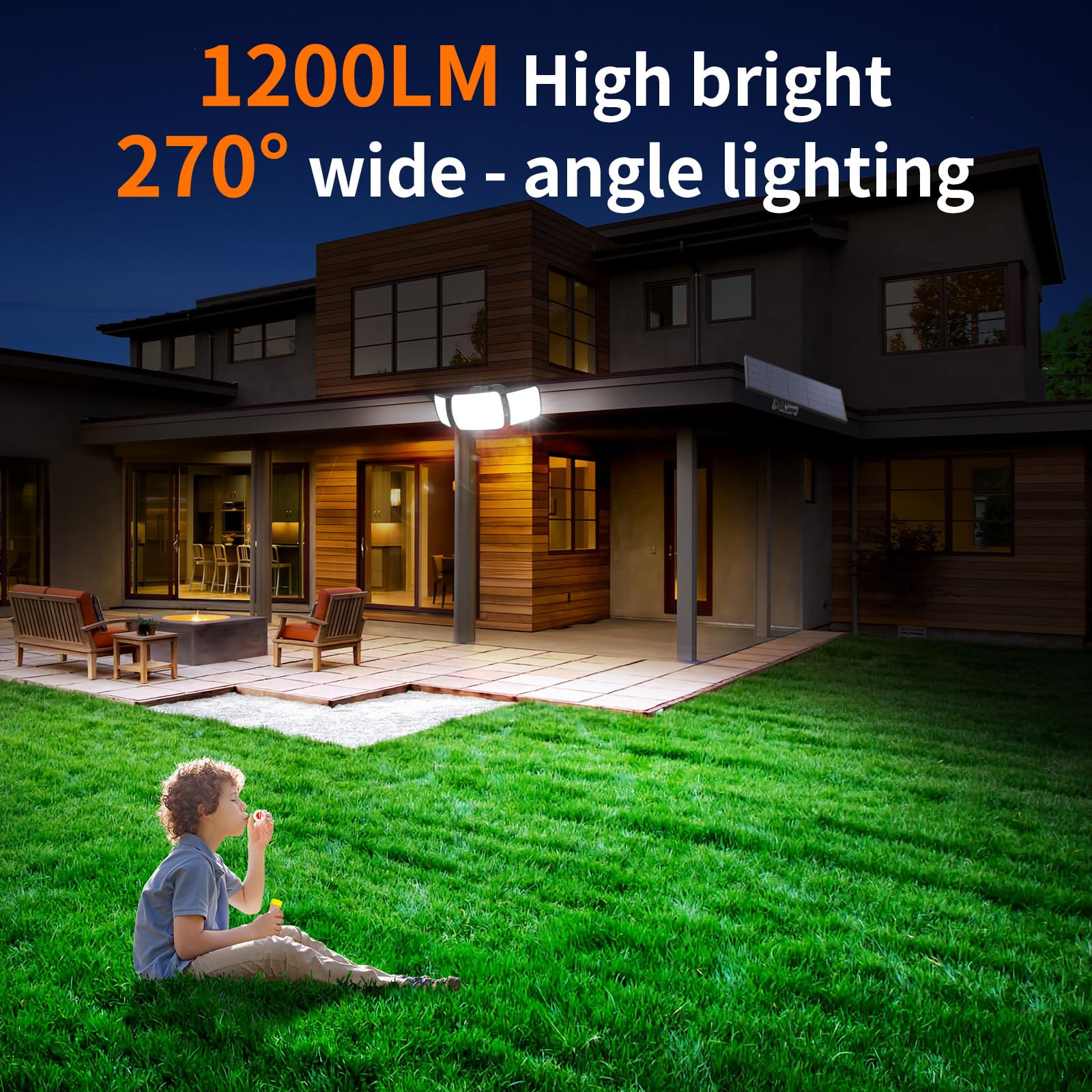 intelamp 3-Head Solar Motion Sensor Floodlight, 1200 Lumens, IP65 Waterproof, Remote Control, White, 1 Pack with Cable
