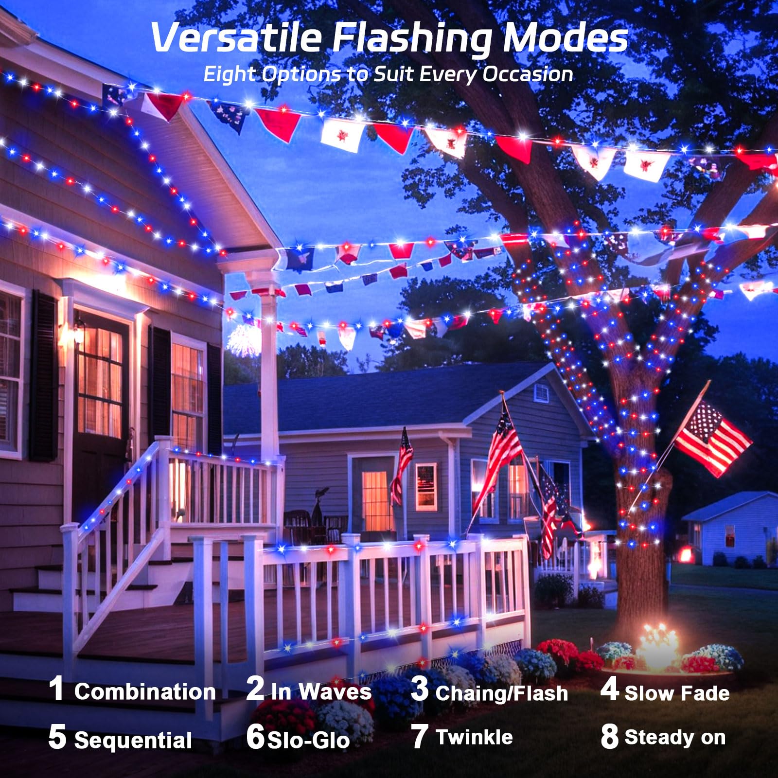 cshare Solar Fairy Lights, 39.4ft 120LED Waterproof, Red White Blue, 8 Modes, Model CS-SL-5M for Memorial Day Decorations
