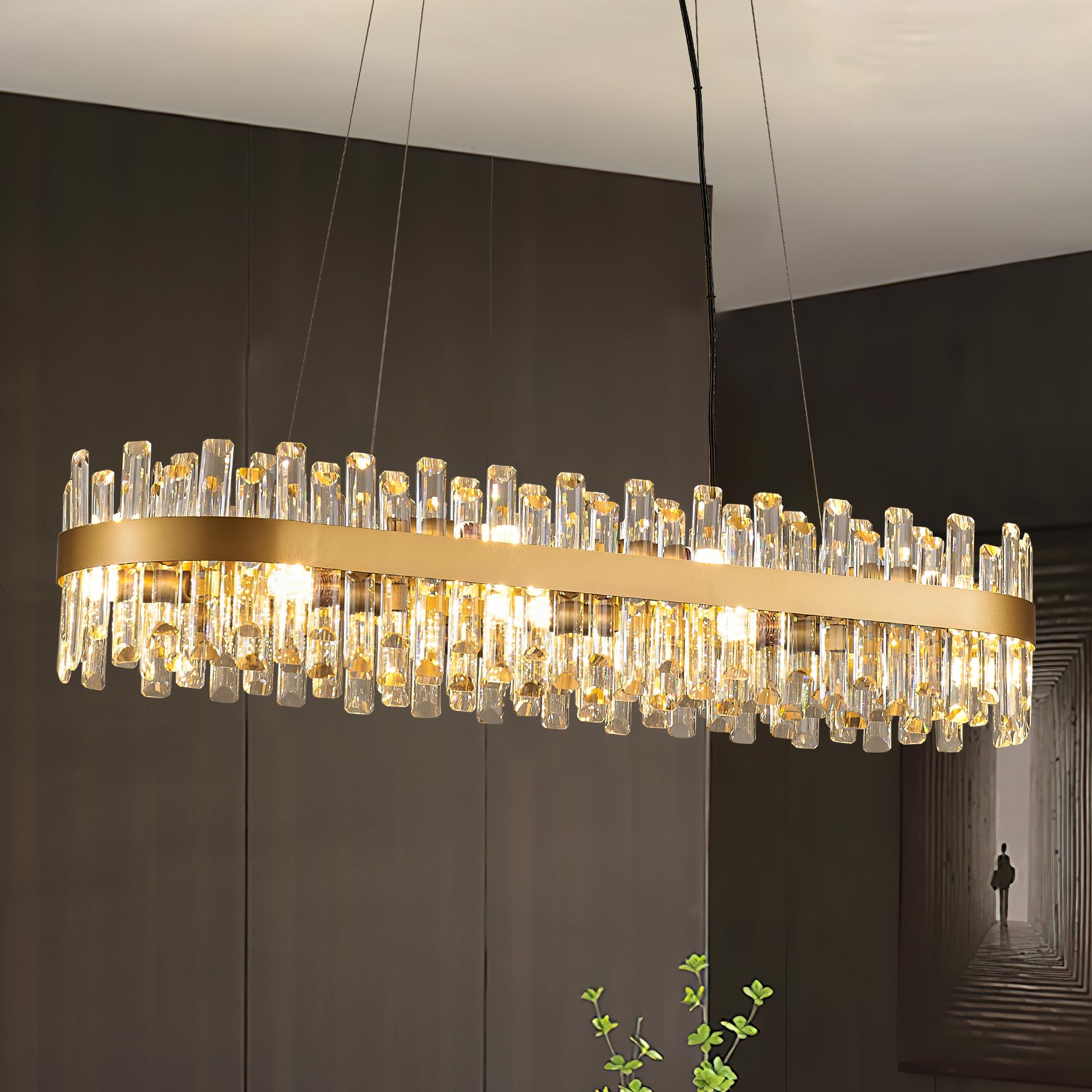 lighceac 39 Modern Gold Rectangle Crystal Chandelier Light Fixtures for Kitchen Island Elegant Linear Crystal Chandeliers for Dining Room 16-Light Long Hanging Pendant Lighting for Entryway Foyer Bar