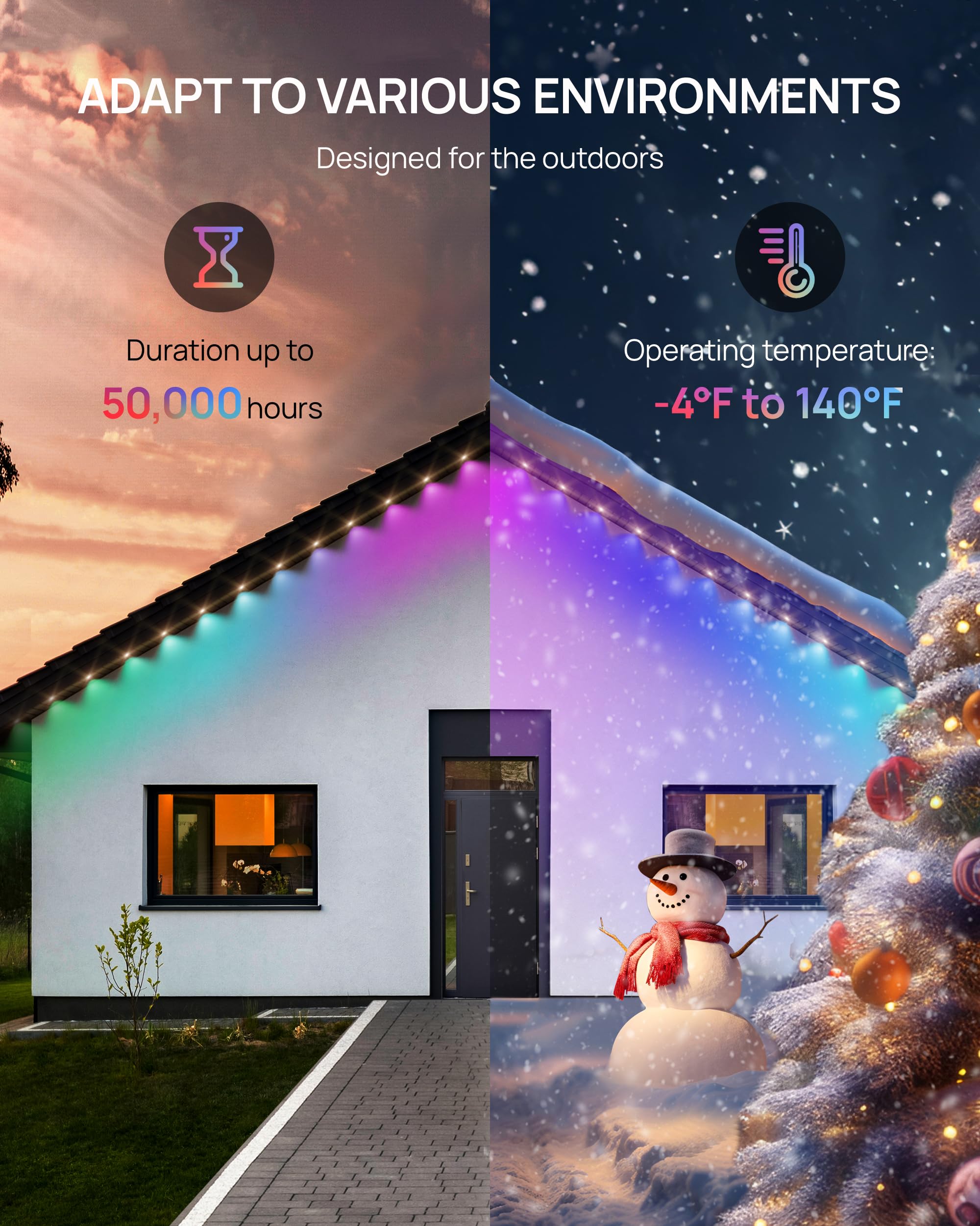 VCOKEN 111FT Smart RGB LED Outdoor Lights, IP65 Waterproof, App Control, White, Model AED36H-2401500VLSO8, Perfect for Holiday Decor