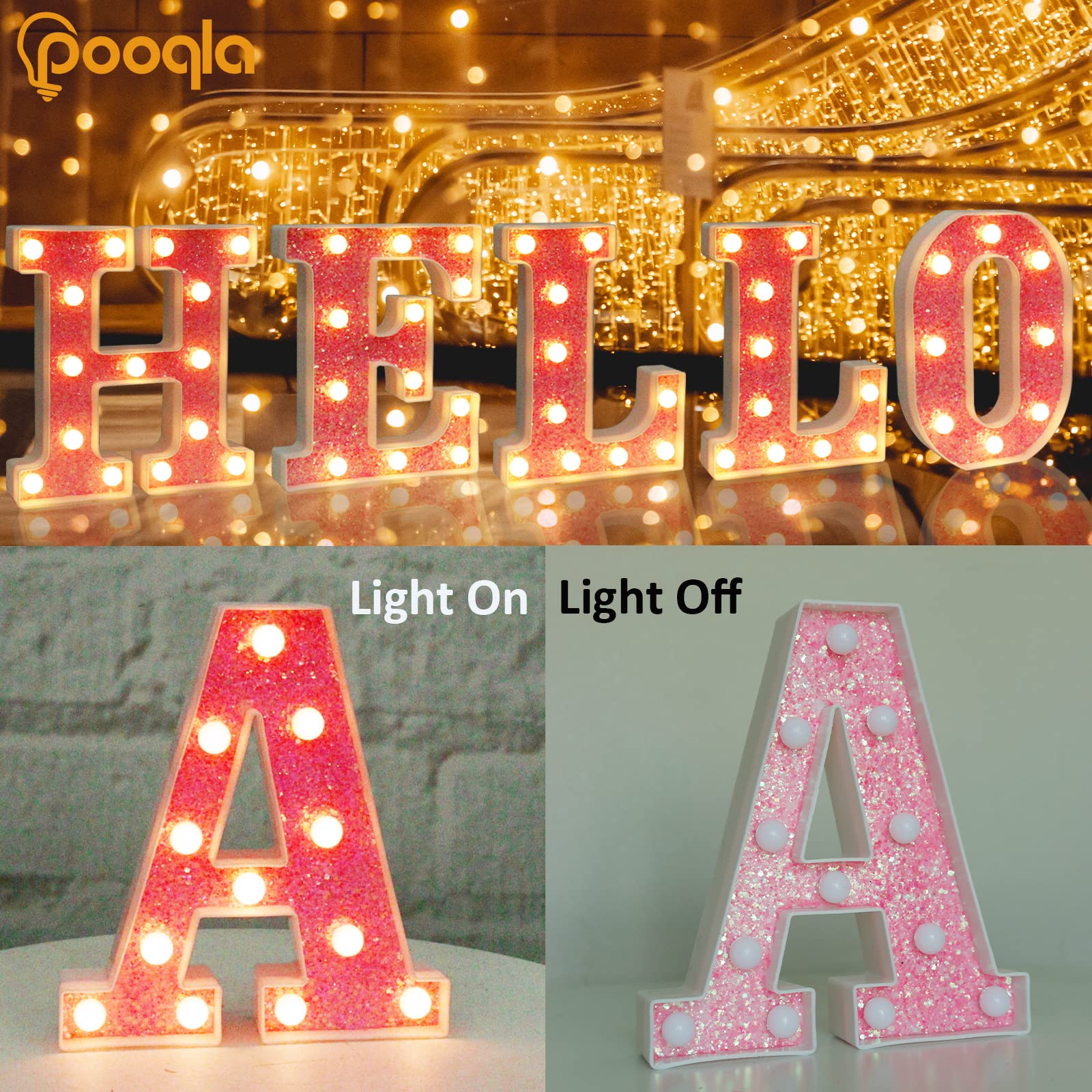Pooqla Led Marquee Letter Lights, Light Up Pink Letters Glitter Alphabet Letter Sign Battery Powered For Night Light Birthday Party Wedding Girls Gifts Home Bar Christmas Decoration, Pink Letter J
