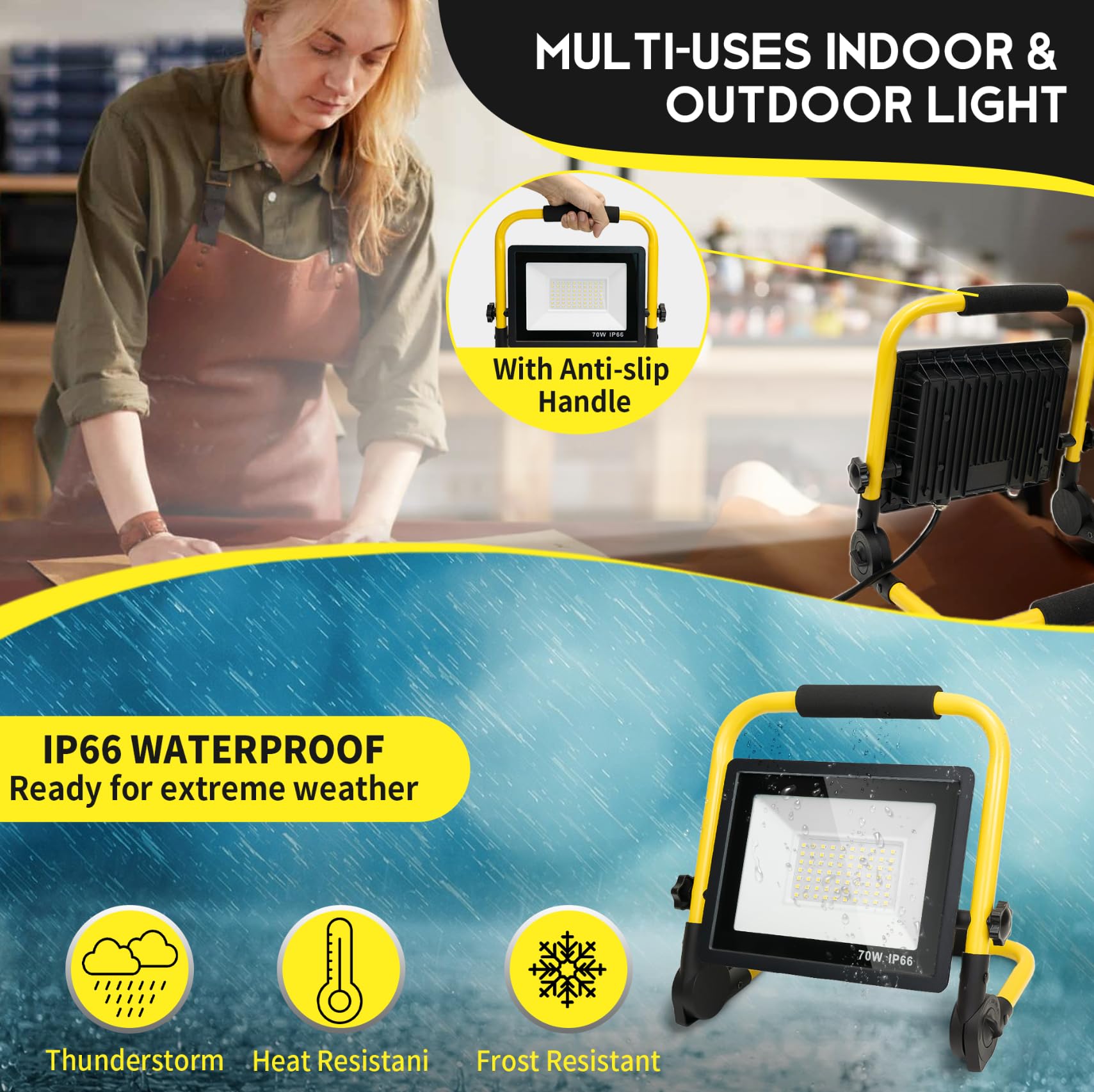 PACOLIT P 10000LM LED Work Light - Portable, 5FT Cord, IP66 Waterproof, Yellow, 11 In-1 Head for Job Site & Garage