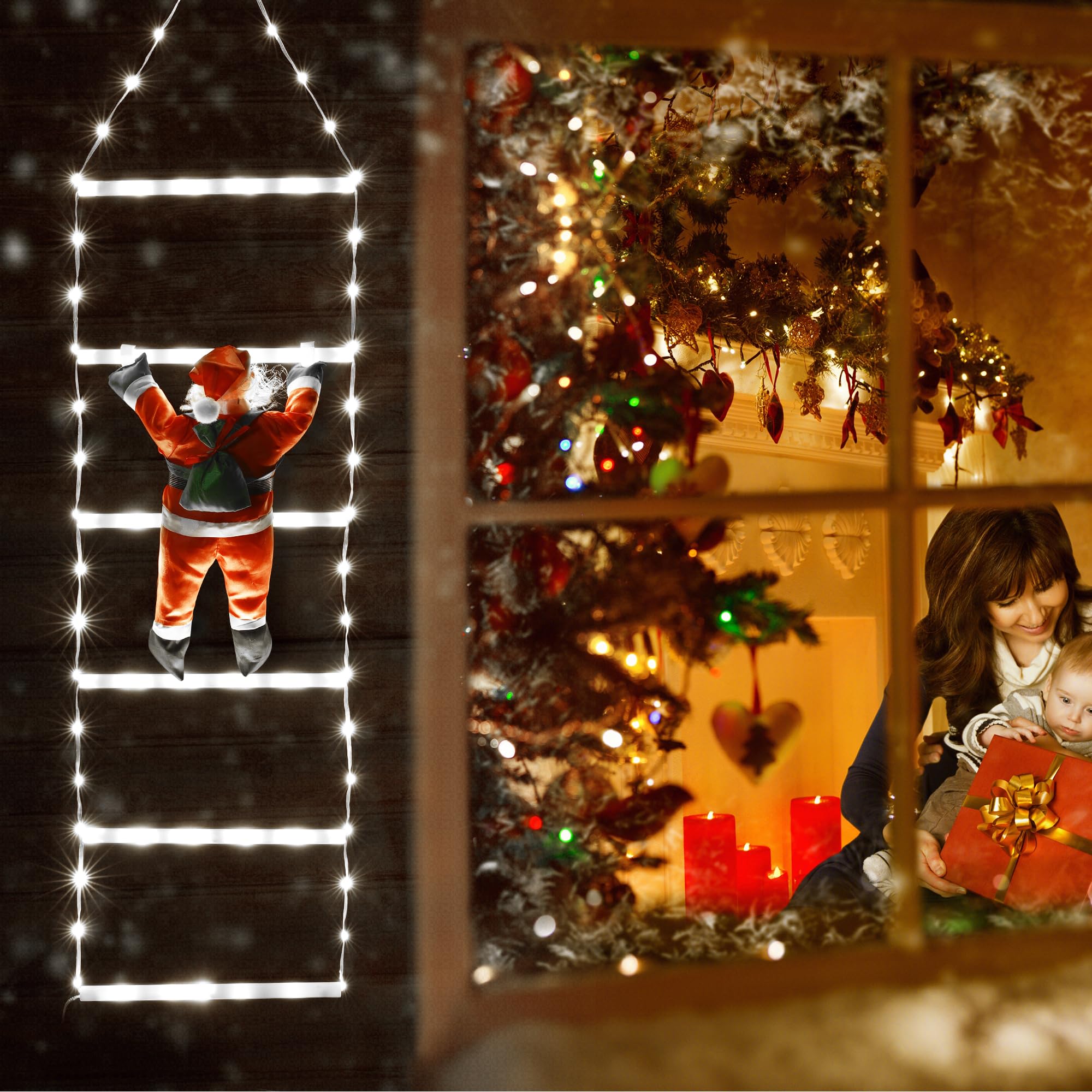 Toodour Led Christmas Light - 2.5Ft Christmas Decorative Ladder Lights With Santa Claus, Christmas Decorations Lights For Indoor Outdoor, Window, Garden, Home, Wall, Xmas Tree Decor - Cool White
