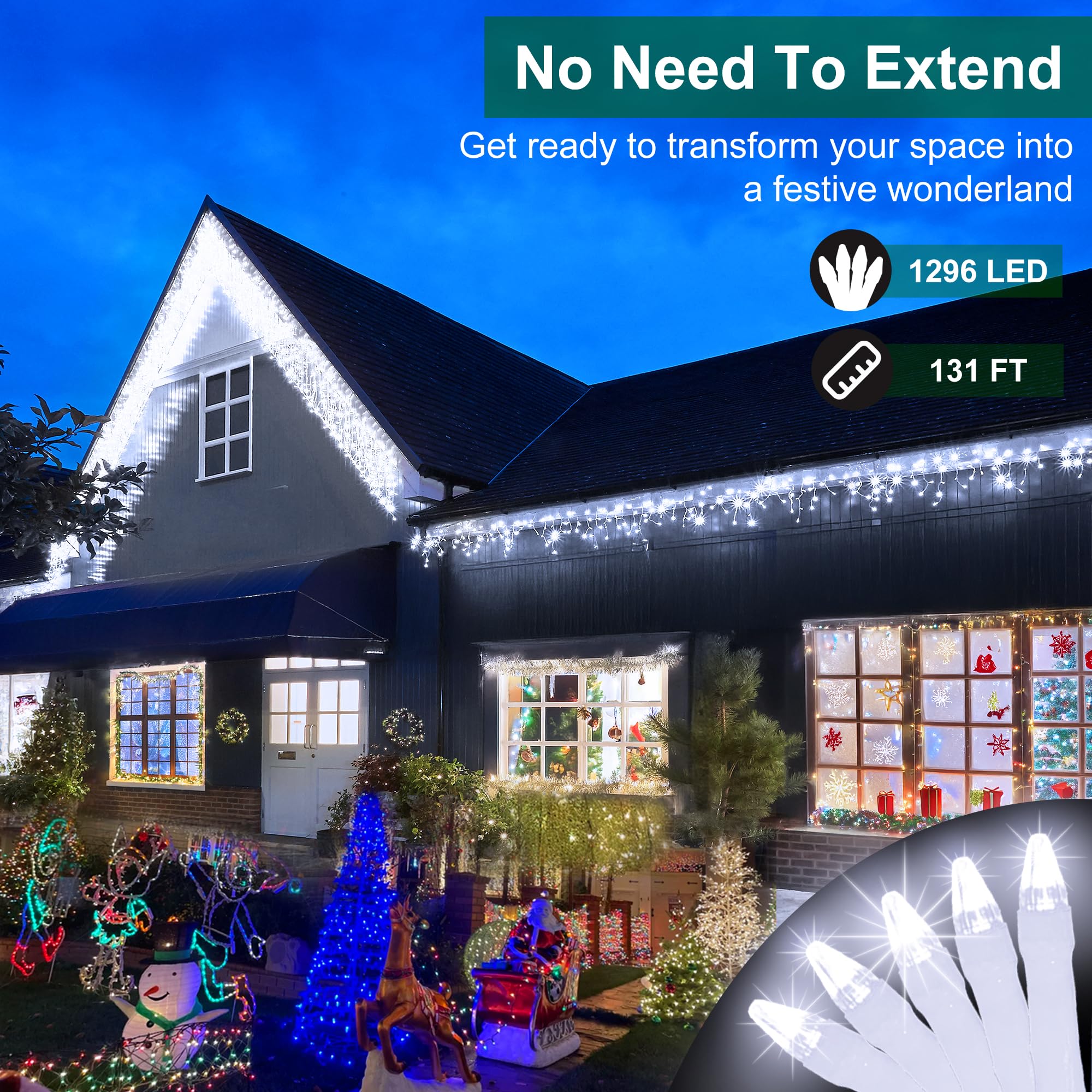 XIKENGSHQ 1296 LED Outdoor Christmas Fairy Lights, 131FT, 288 Drops, 8 Modes Timer, IP44 Waterproof, Cool White